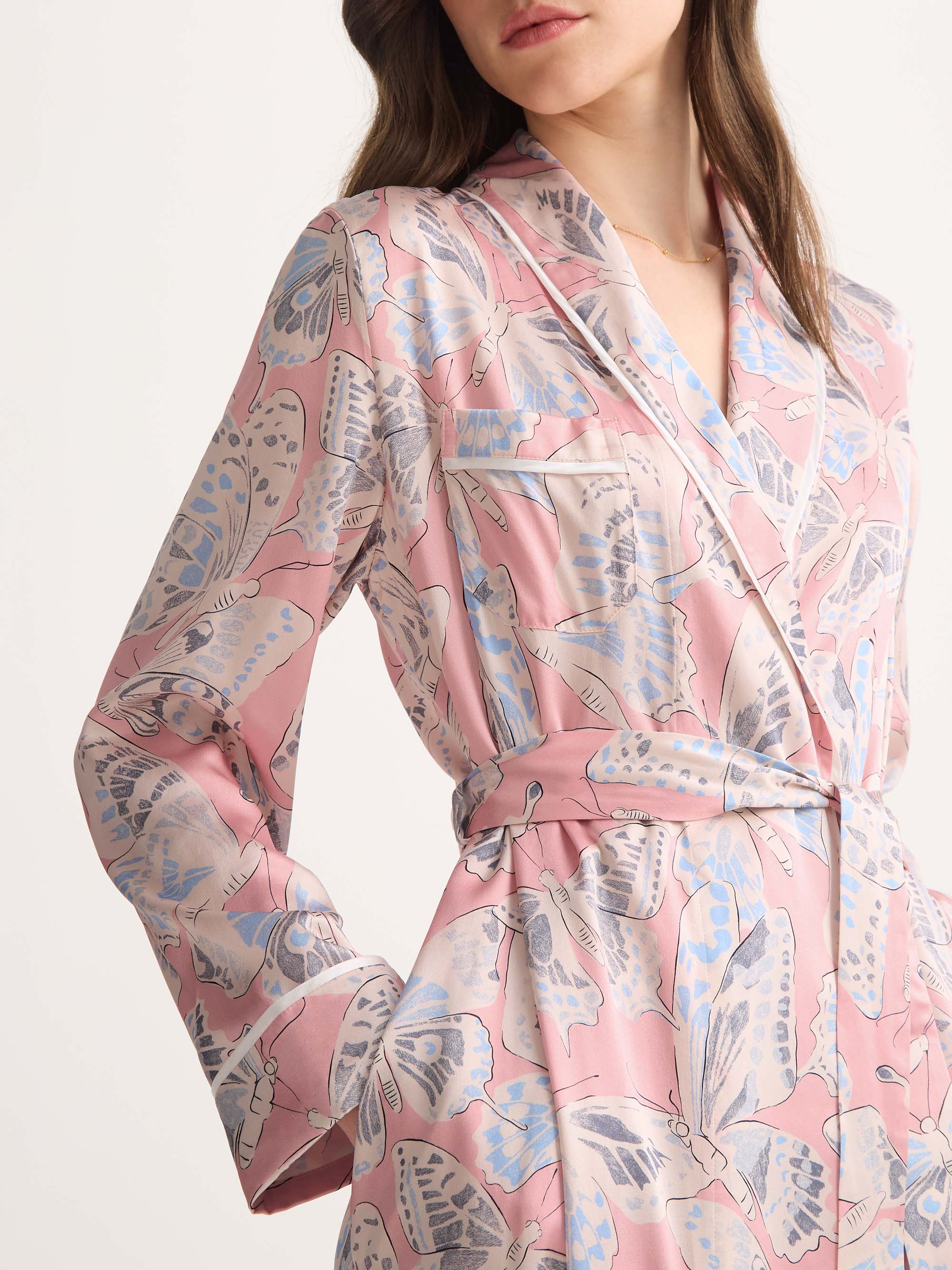 Women's Long Dressing Gown Silk Pink Multicolour Butterfly