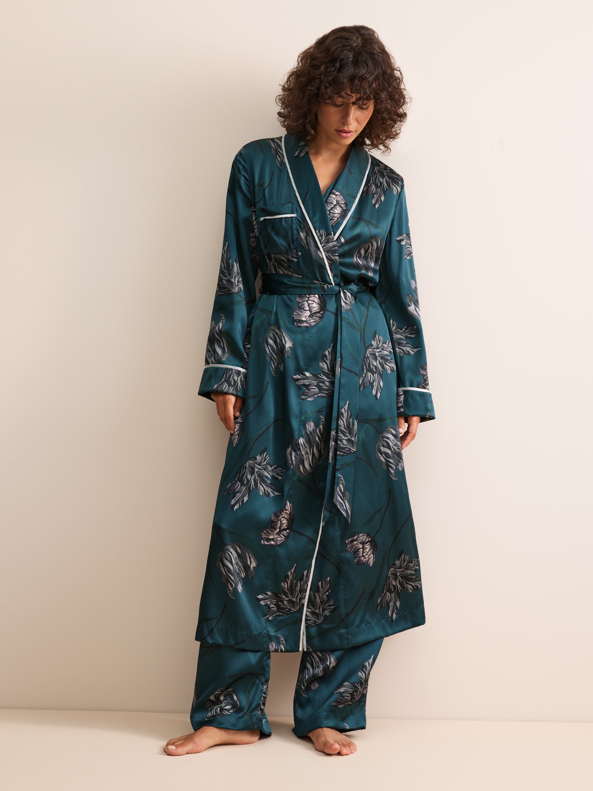 Brindisi Silk Dressing Gown Teal & Grey Tulip