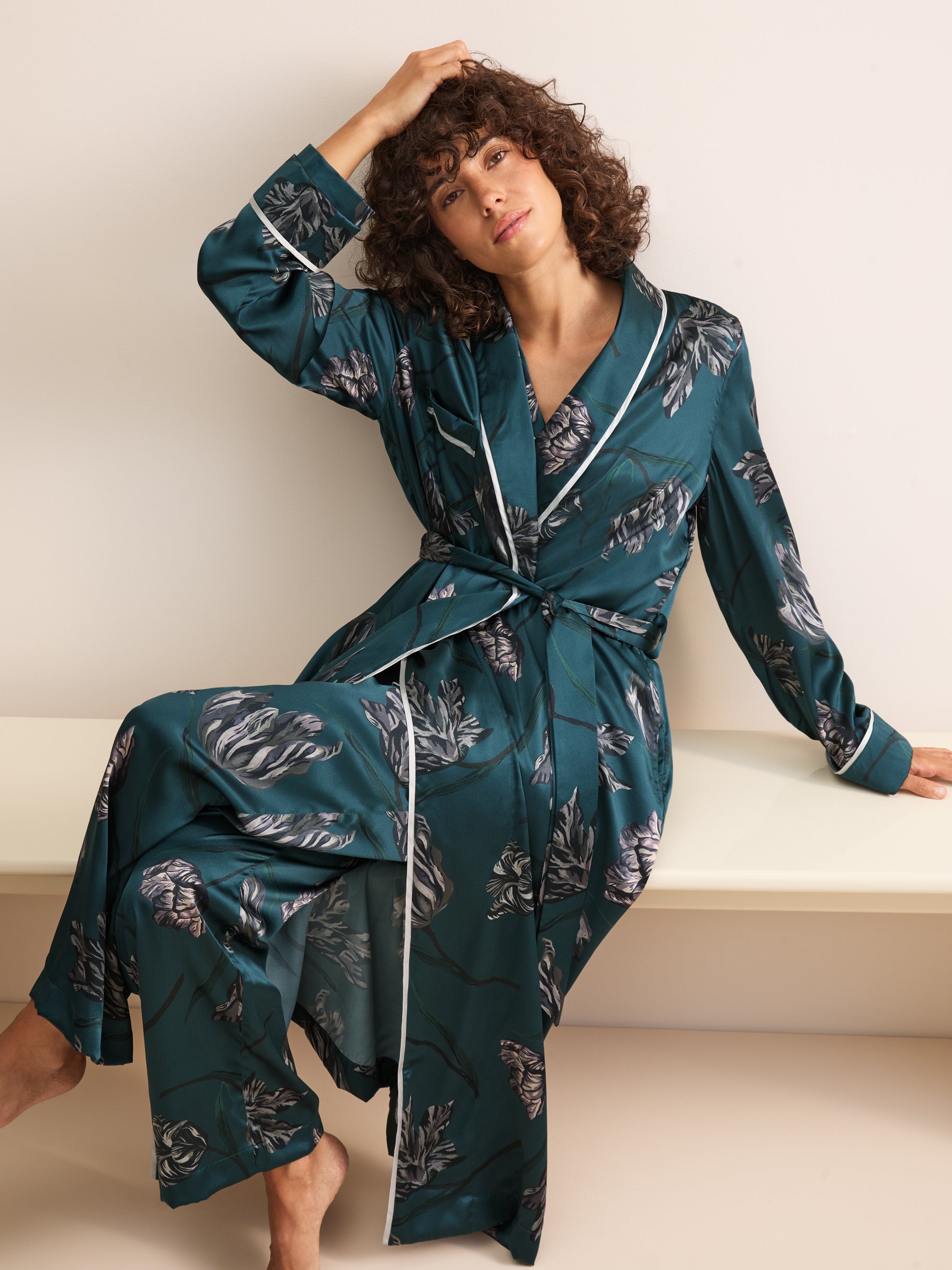 Brindisi Silk Dressing Gown Teal & Grey Tulip