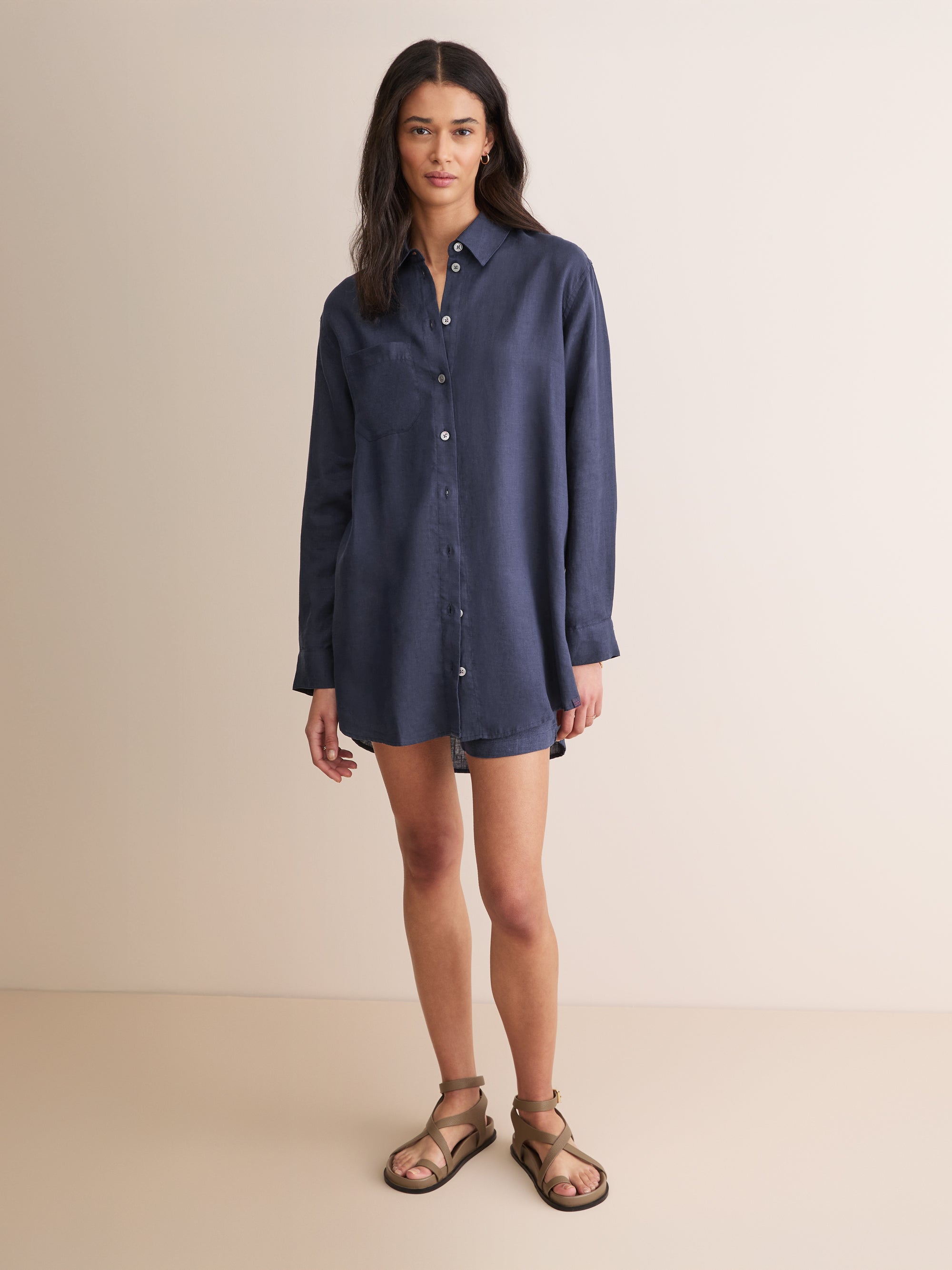 シャツ UNUSED rose pattern shirt long navy 2 Women's Sicily Linen Longline Shirt Navy Blue | Derek Rose