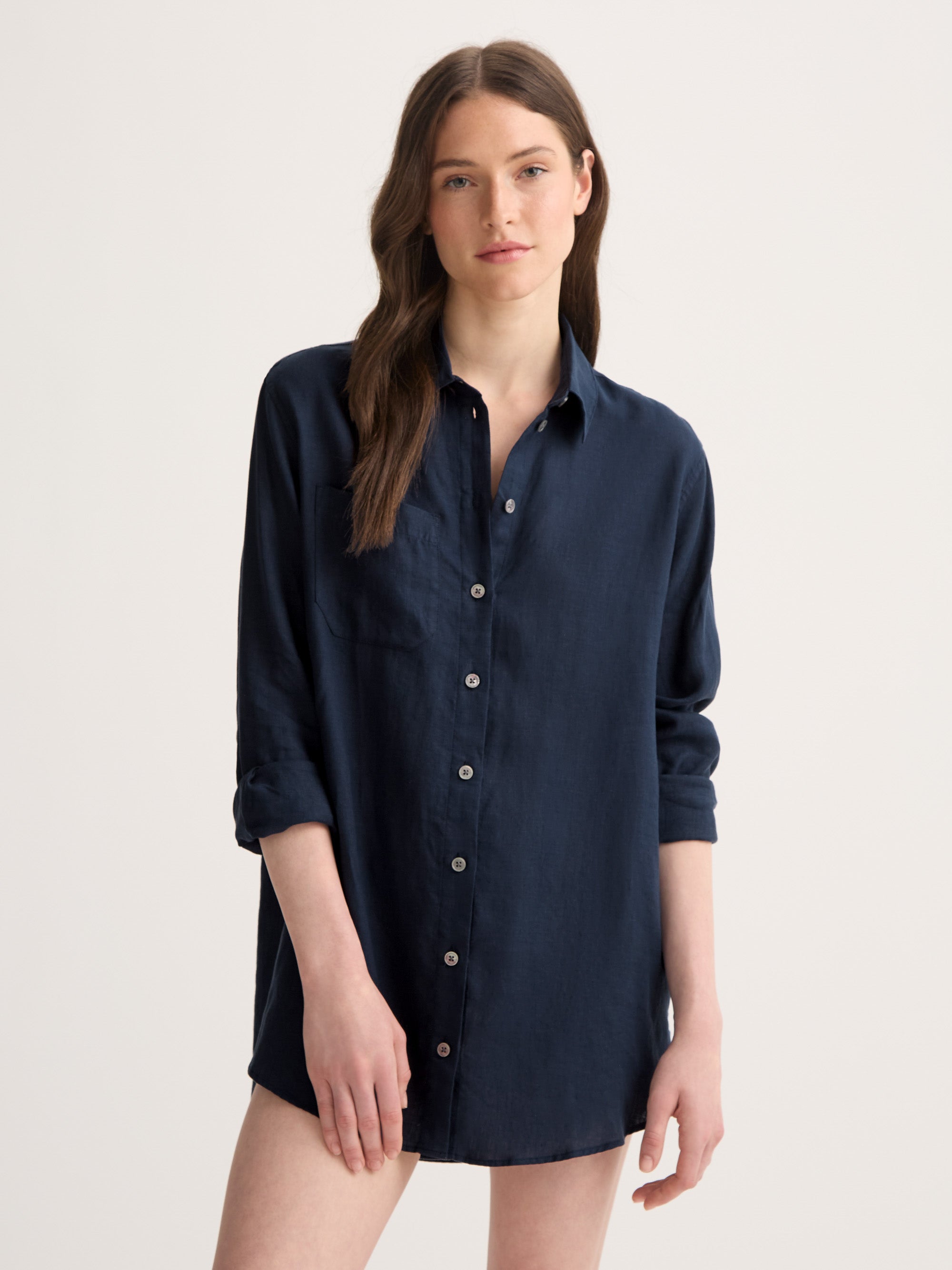 Derek Rose London Women's Longline Shirt Sicily Linen Navy - Luxury Clothing Derek Rose London Women's Longline Shirt Sicily Linen Navy - Luxury Clothing