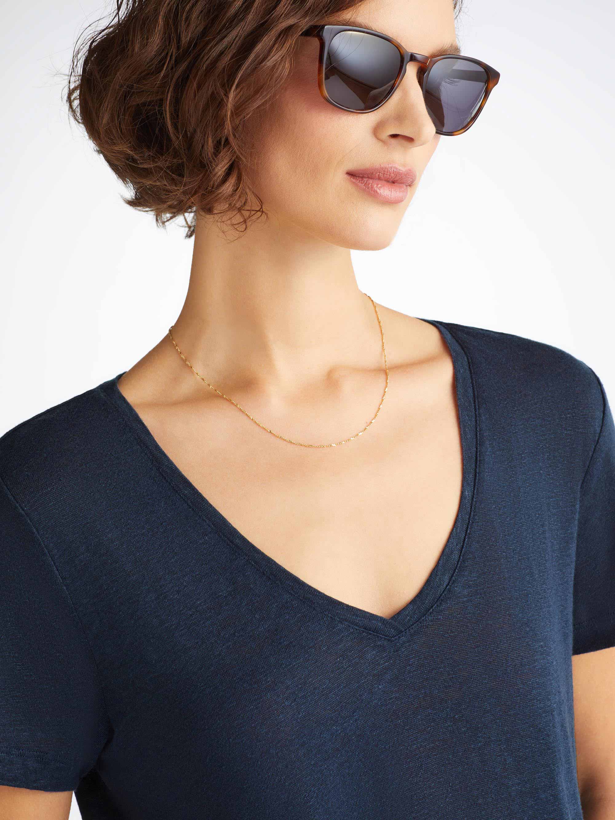 v neck dress t shirt Derek Rose London Women's V-Neck T-Shirt Jordan Linen Navy