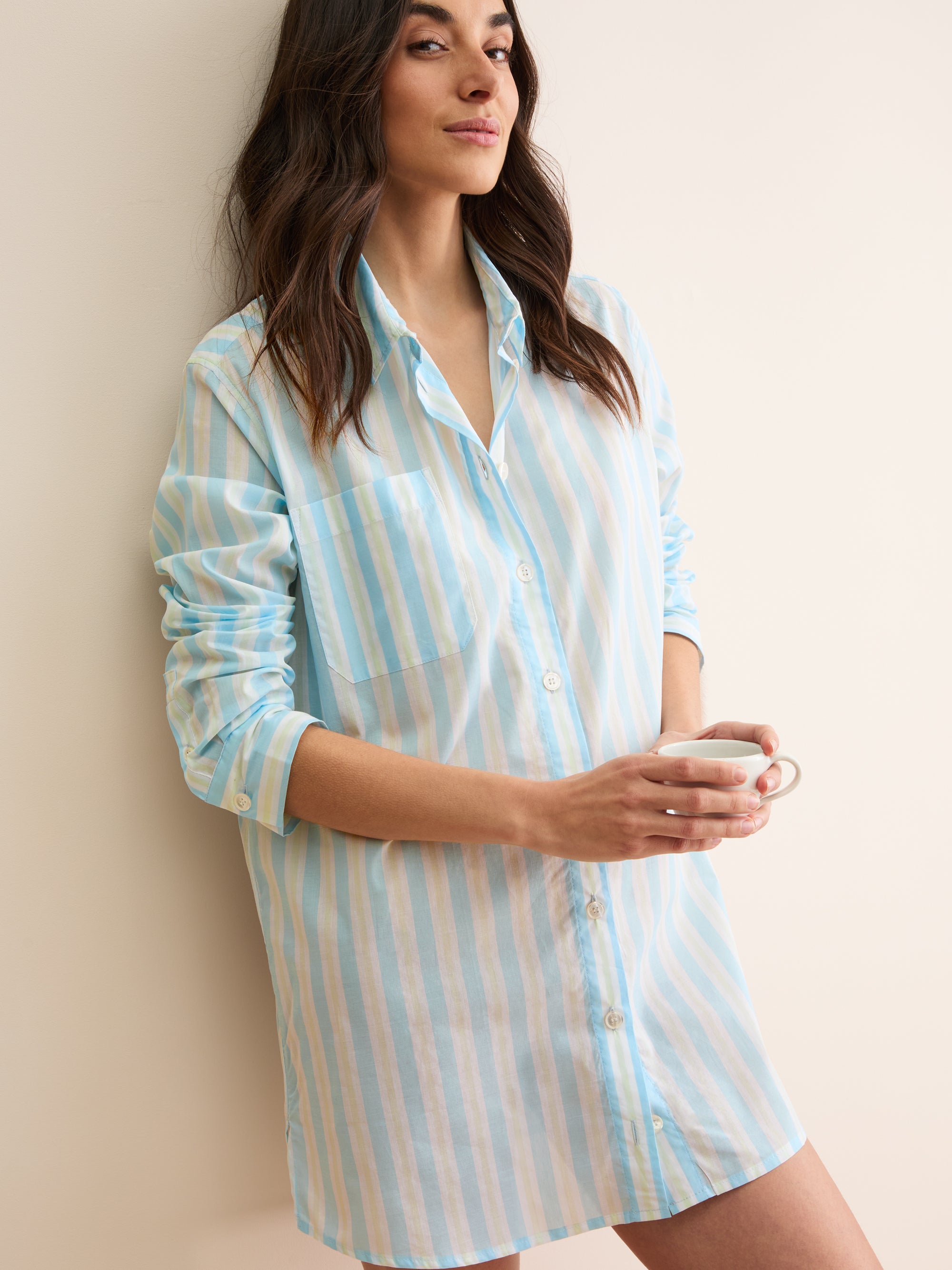 Women's Nightshirt Amalfi Cotton Batiste Aqua Blue Stripe