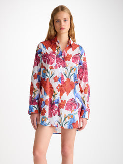 Women's Nightshirt Cotton Batiste White Jungle Birds Print