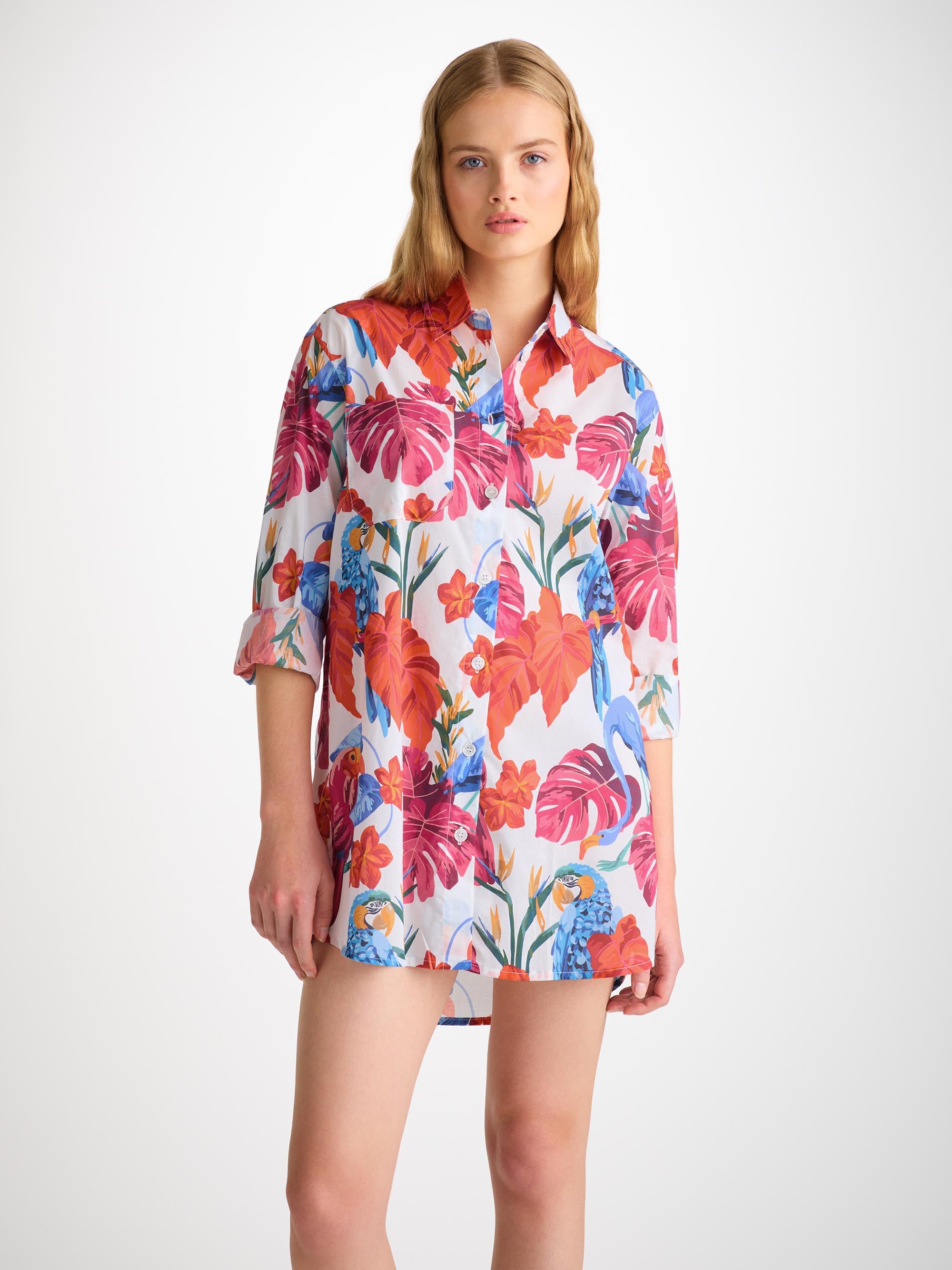 Women's Nightshirt Cotton Batiste White Jungle Birds Print