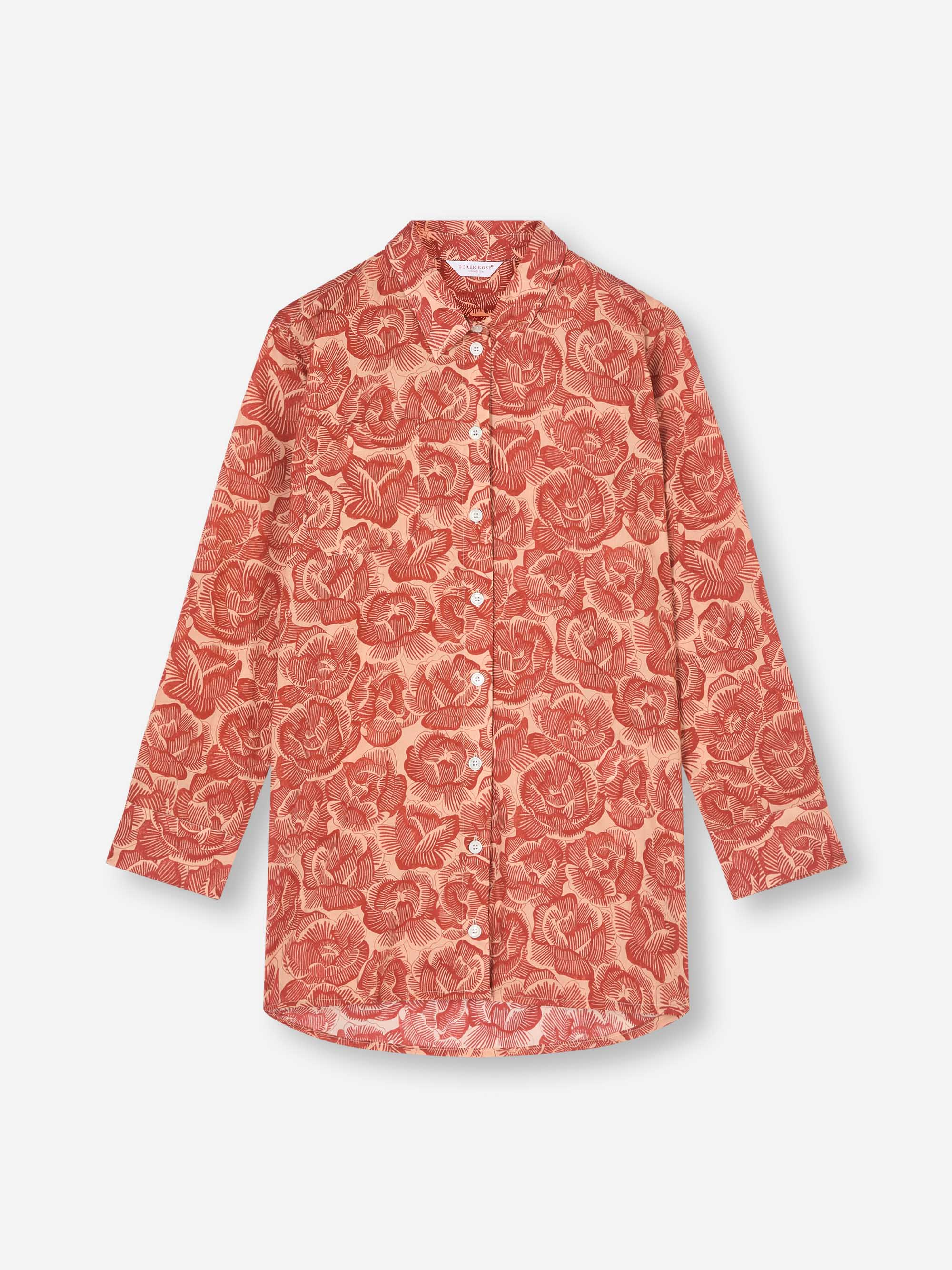 Women's Nightshirt Cotton Batiste Rustic Red & Peach Rose Print