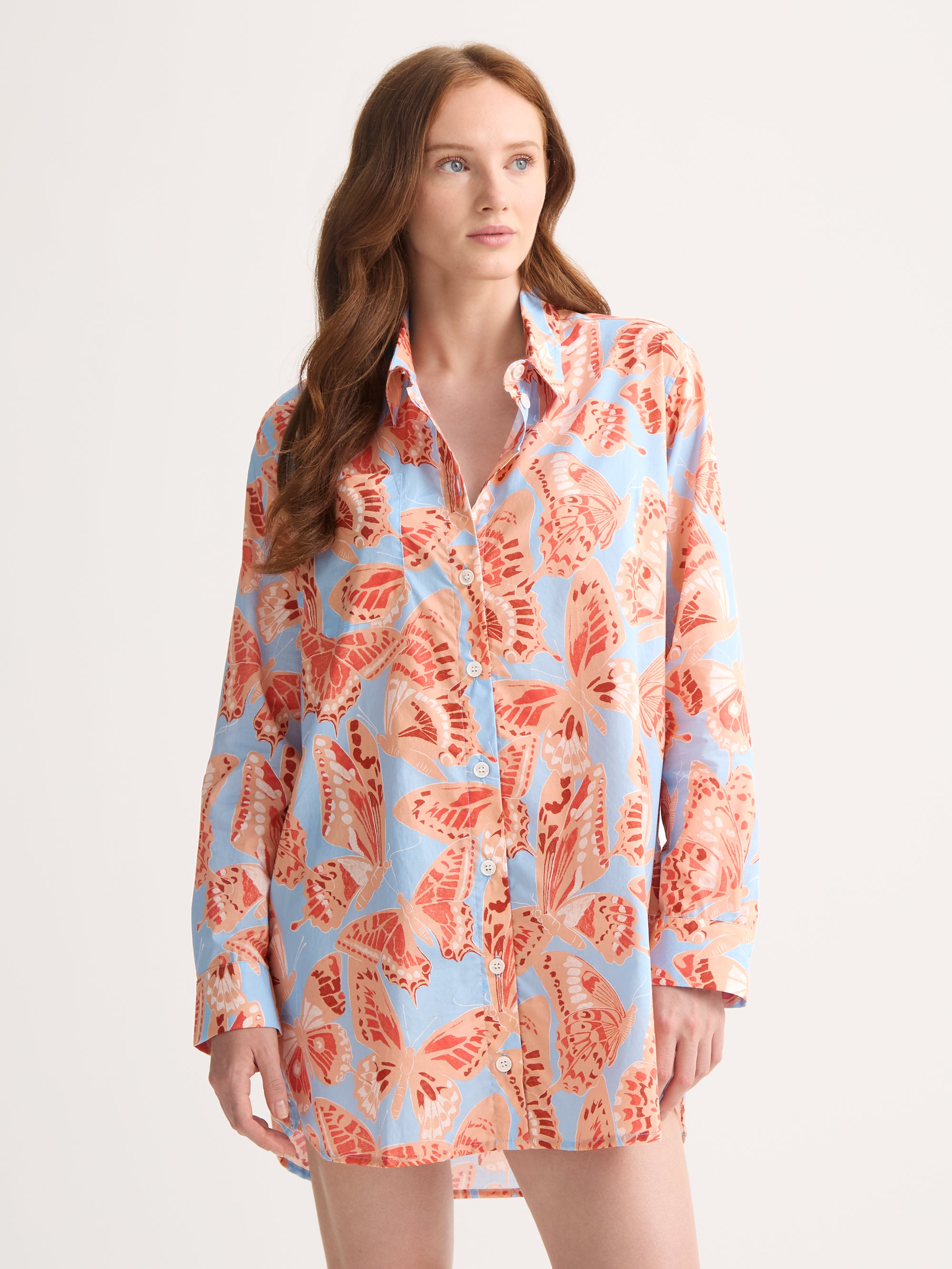Women's Nightshirt Cotton Batiste Light Blue & Peach Butterfly Print