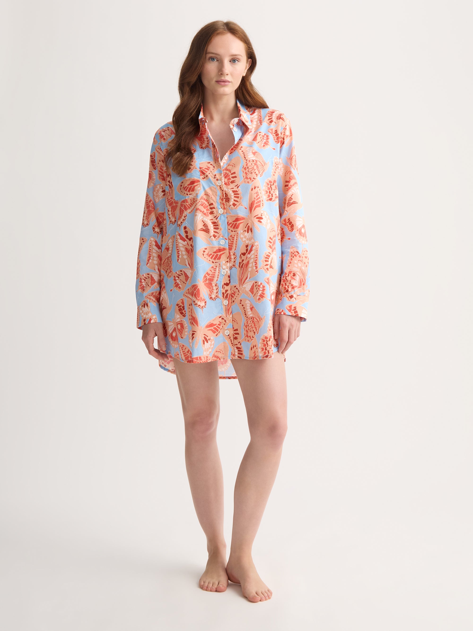 Women's Nightshirt Cotton Batiste Light Blue & Peach Butterfly Print