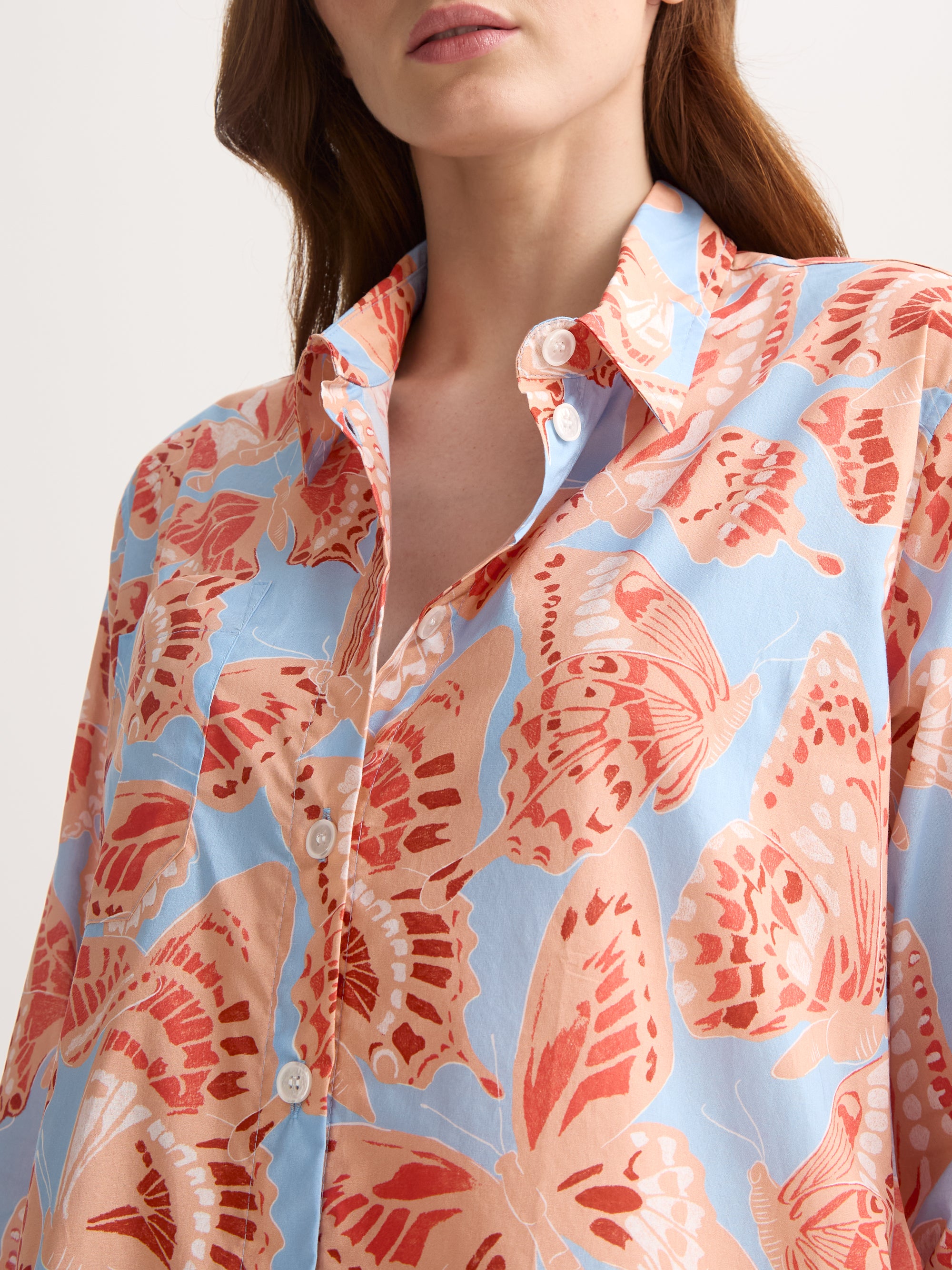 Women's Nightshirt Cotton Batiste Light Blue & Peach Butterfly Print