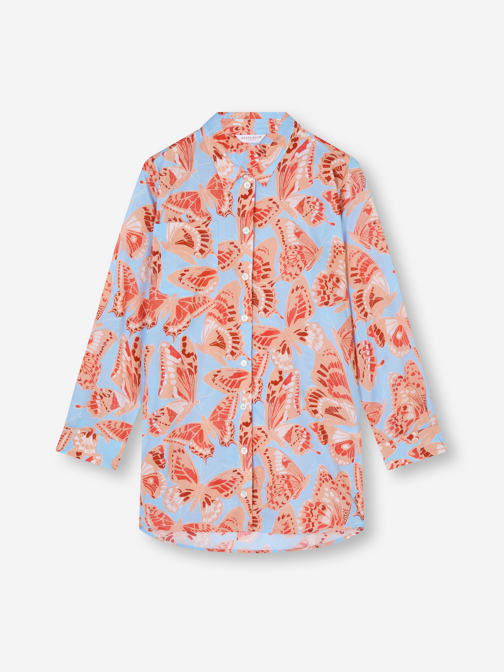 Women's Nightshirt Cotton Batiste Light Blue & Peach Butterfly Print