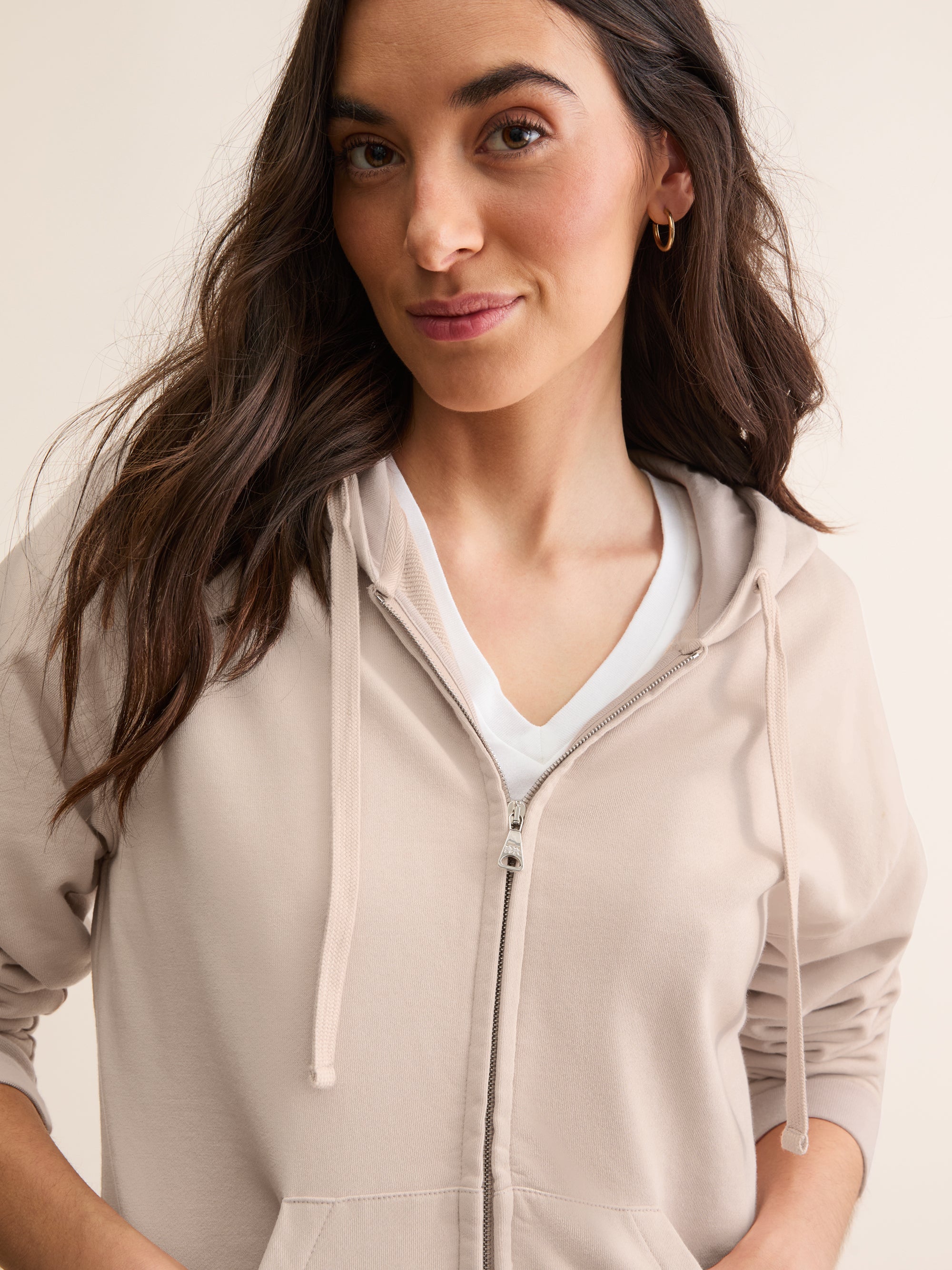 ZB1 アンコン MD ROSE QUARTER ZIP-UP Women's Zip Up Hoodie Quinn Cotton Modal Beige Pink | Derek Rose