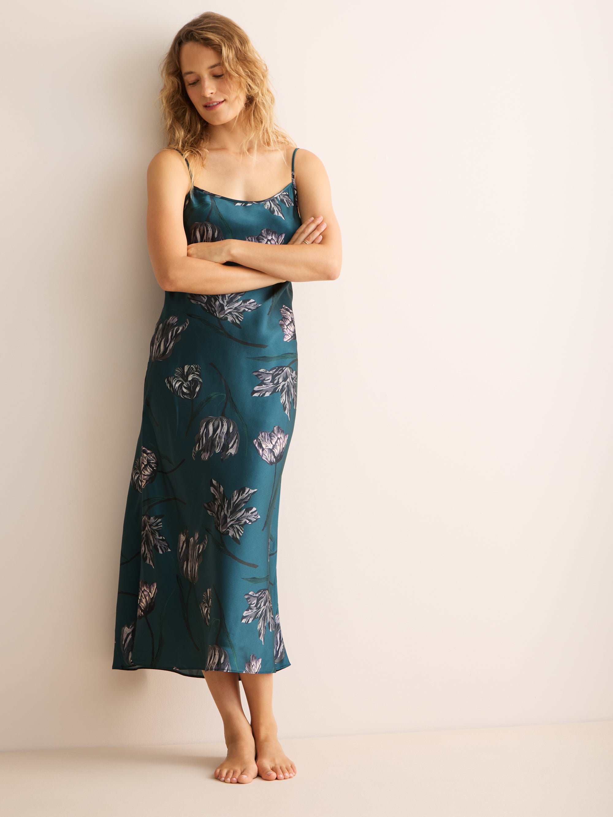 Brindisi Silk Slip Nightdress Teal & Grey Tulip