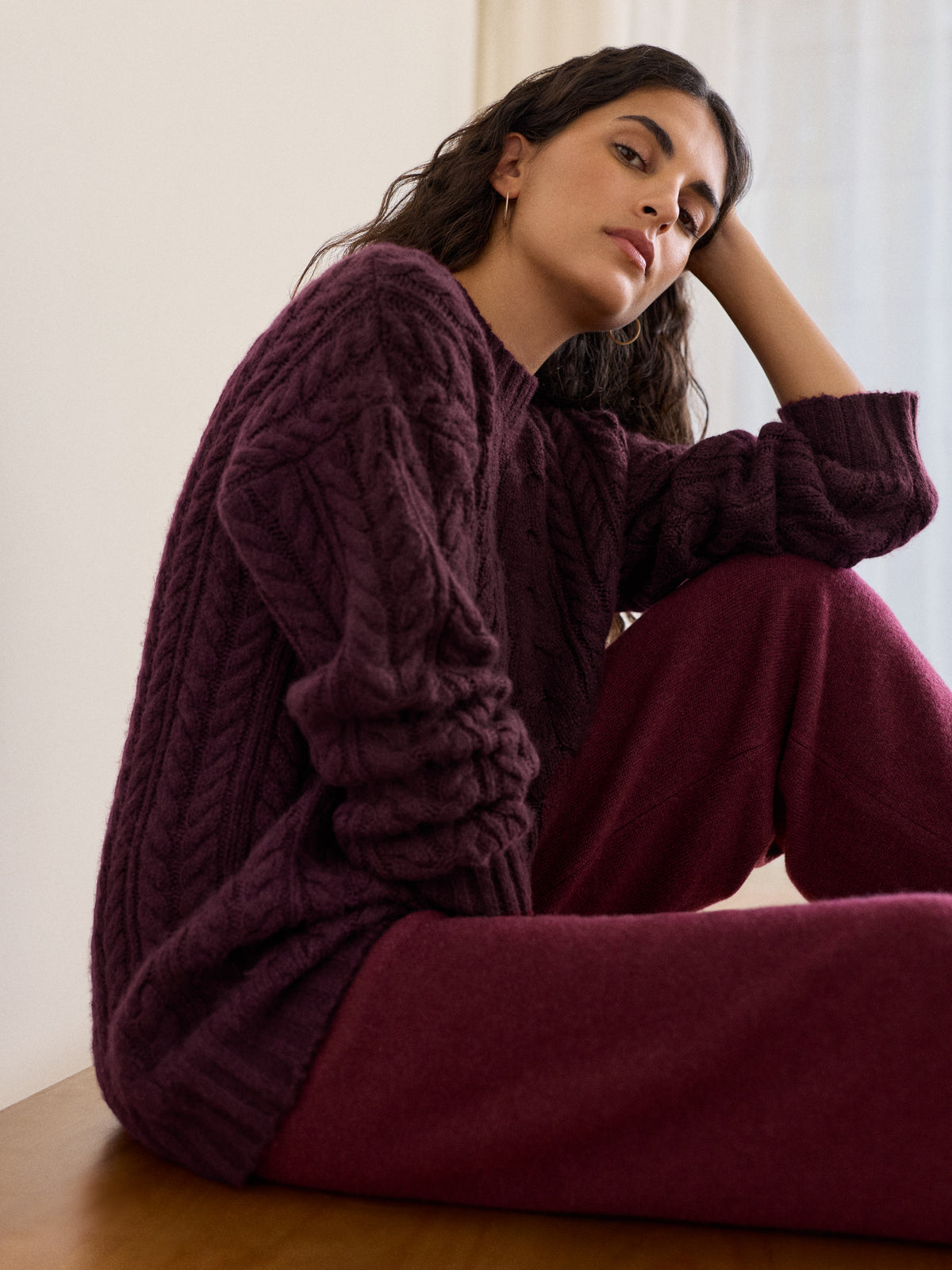 Phoebe Oversized Cashmere Cable Knit Sweater Burgundy