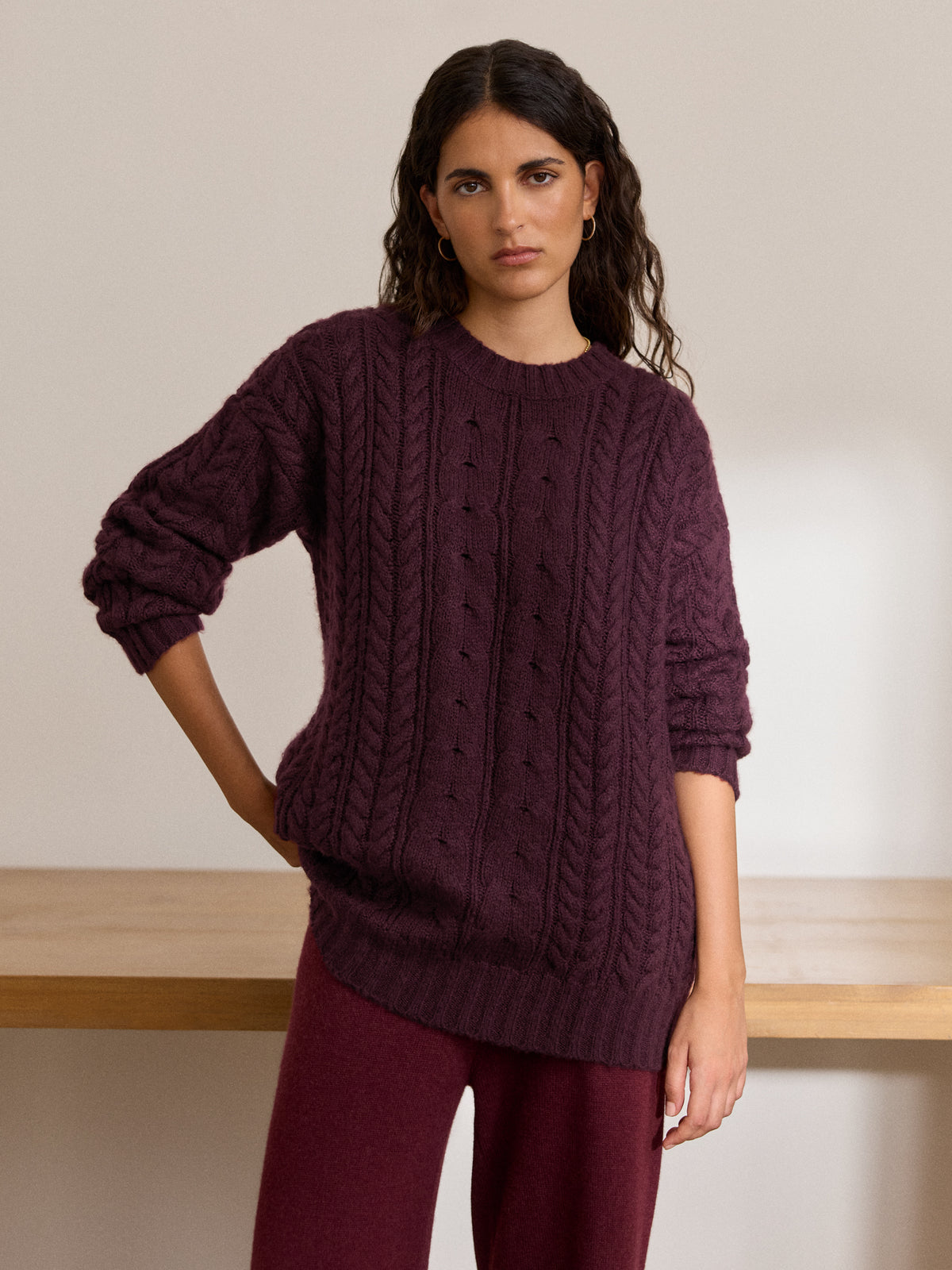 Phoebe Oversized Cashmere Cable Knit Sweater Burgundy