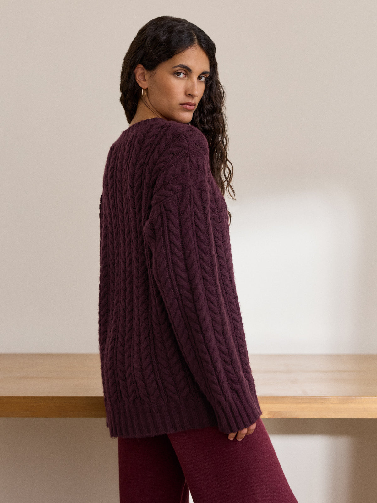 Phoebe Oversized Cashmere Cable Knit Sweater Burgundy