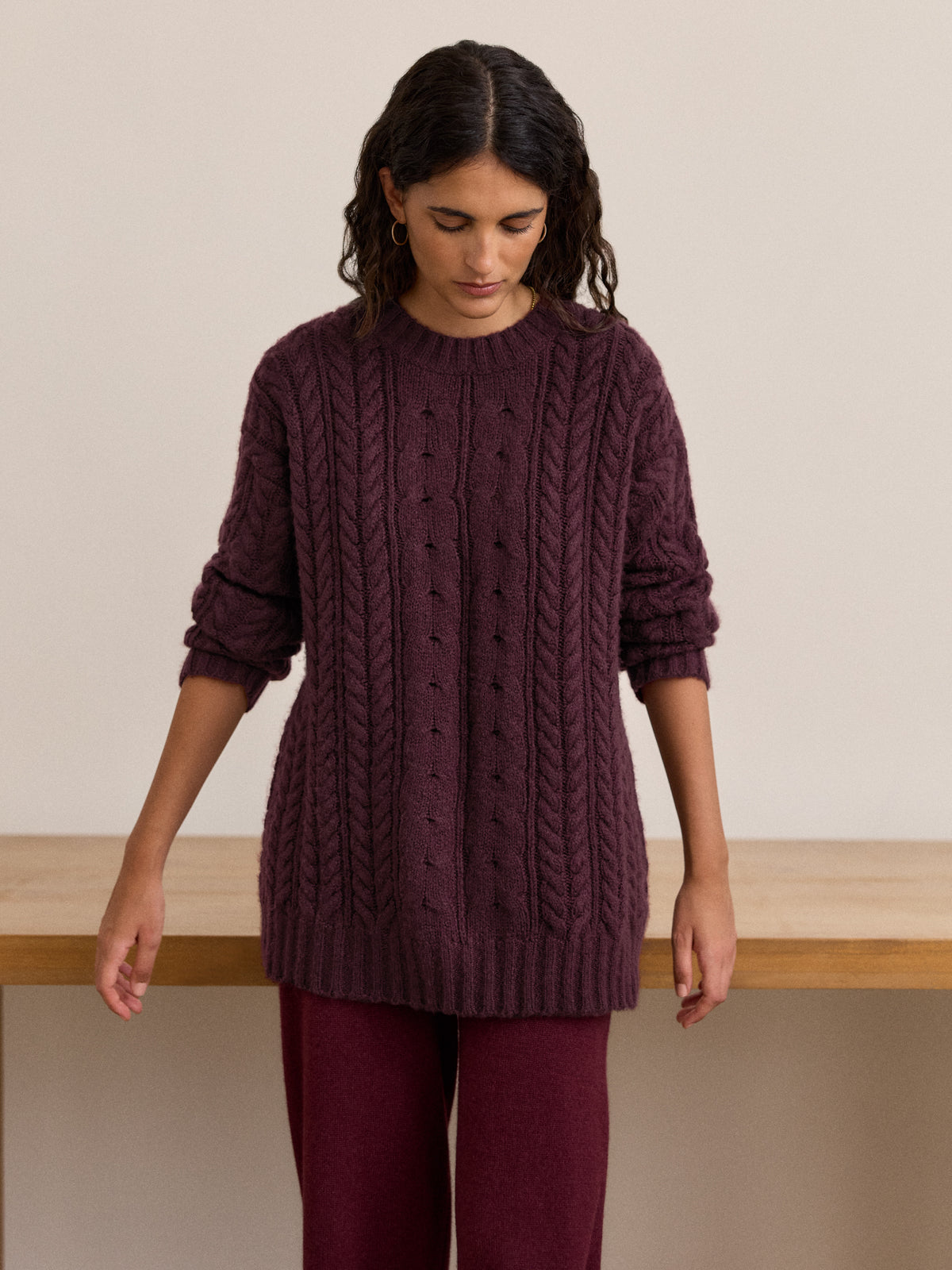 Phoebe Oversized Cashmere Cable Knit Sweater Burgundy