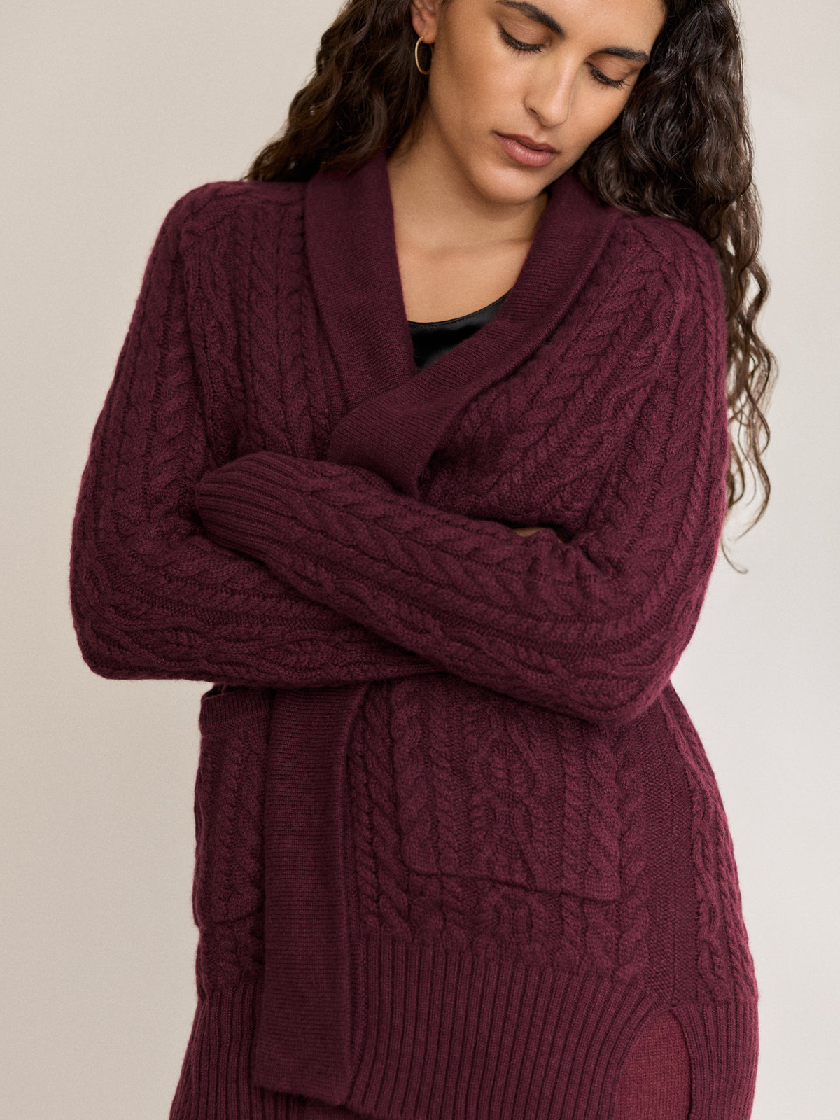 Iris Cashmere Cable Knit Cardigan Burgundy