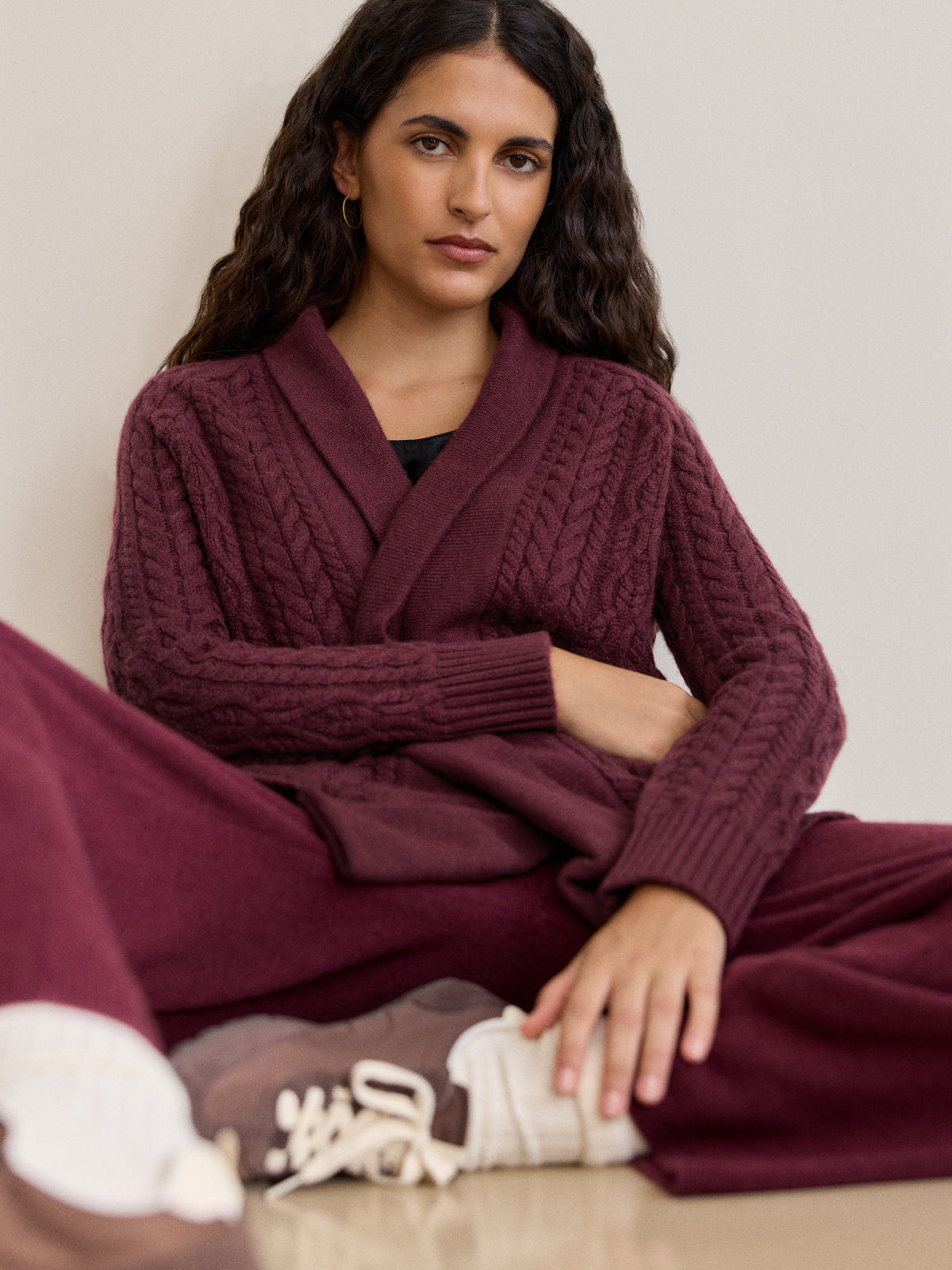Iris Cashmere Cable Knit Cardigan Burgundy