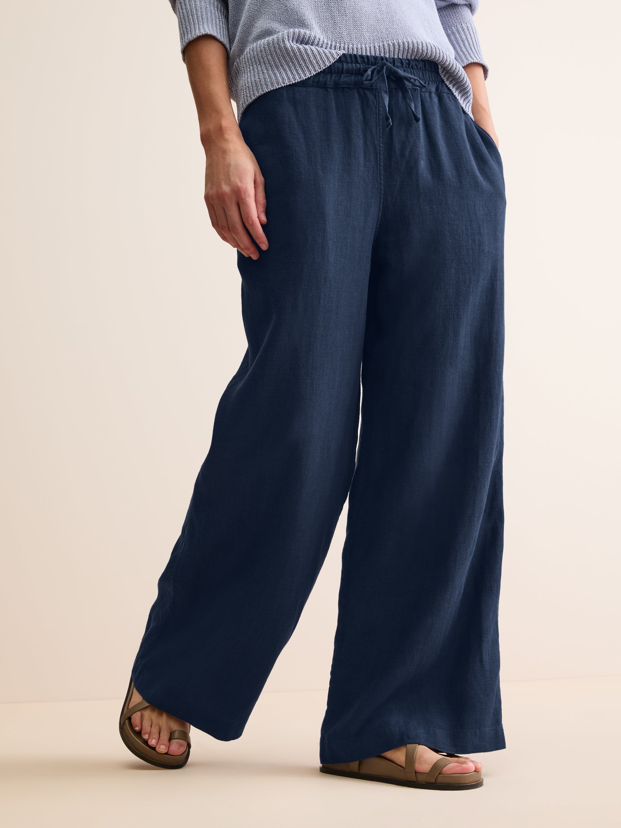 Women's Wide Leg Trousers Sicily Linen Navy Blue
