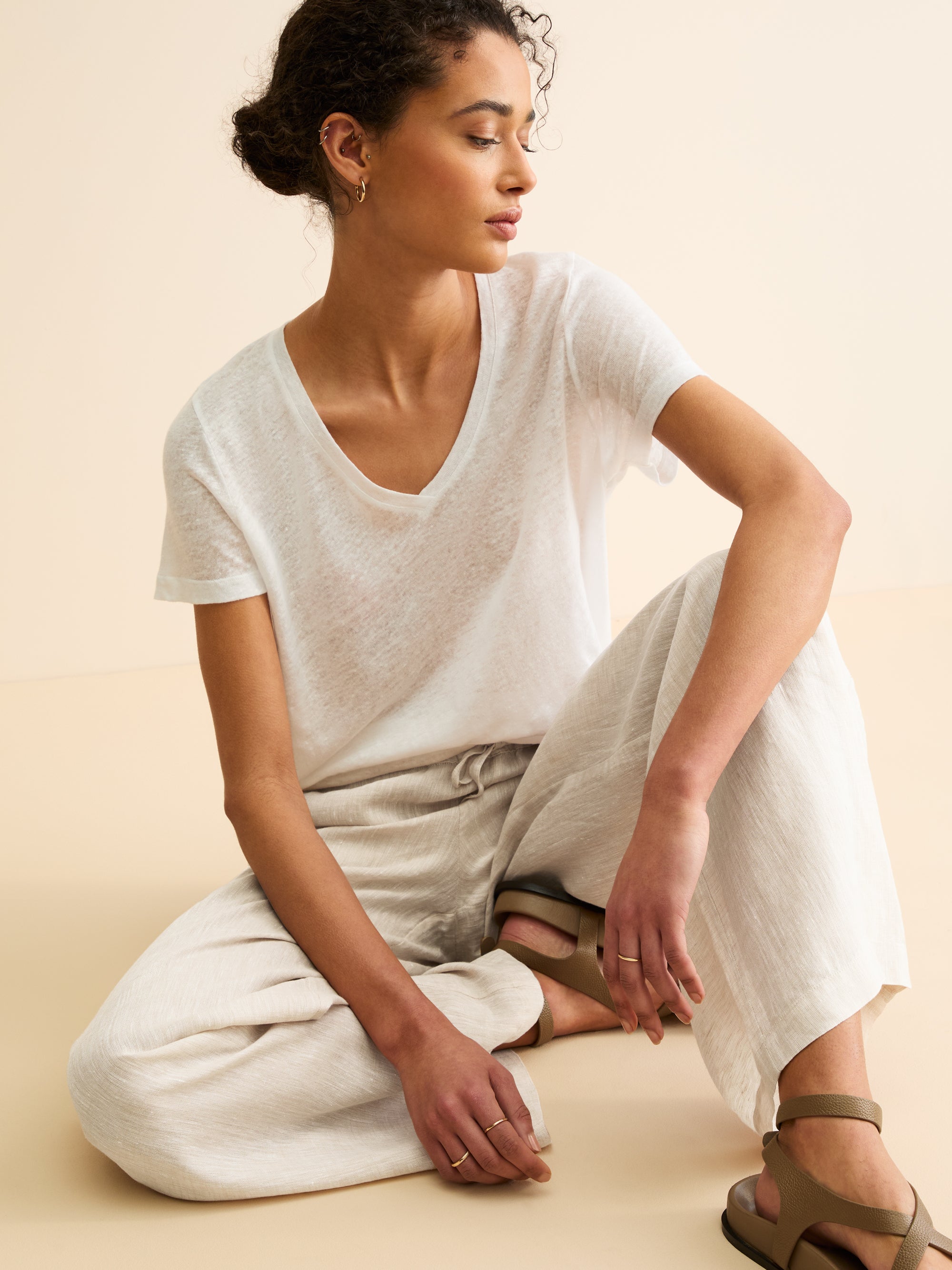 Women's Wide Leg Trousers Sicily Linen Sand | Derek Rose