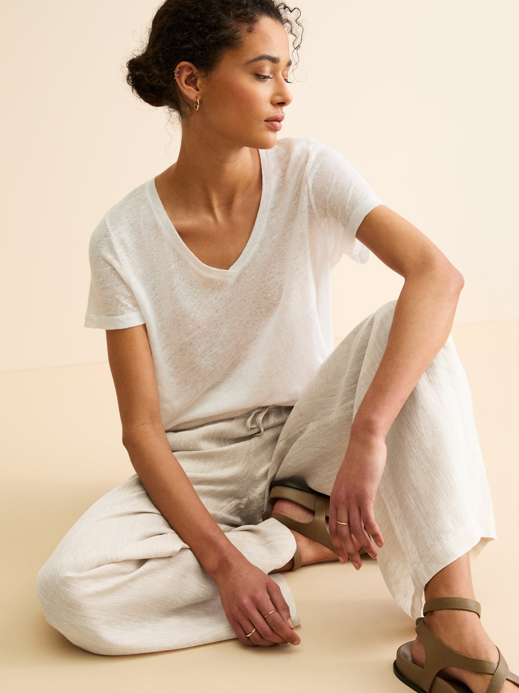 Women's Wide Leg Trousers Sicily Linen Sand | Derek Rose