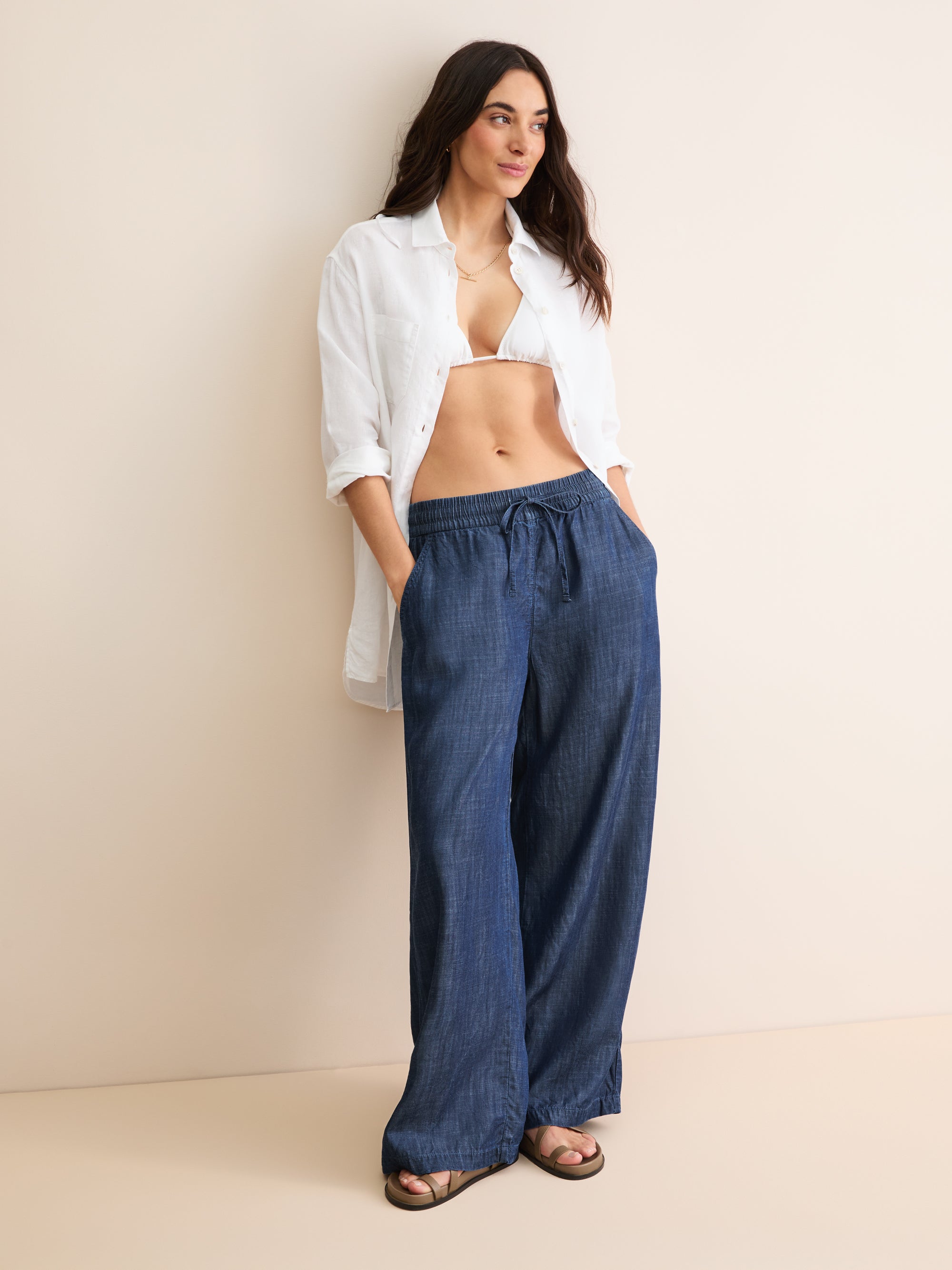Women's Wide Leg Trousers Erin Chambray Denim Blue | Derek Rose