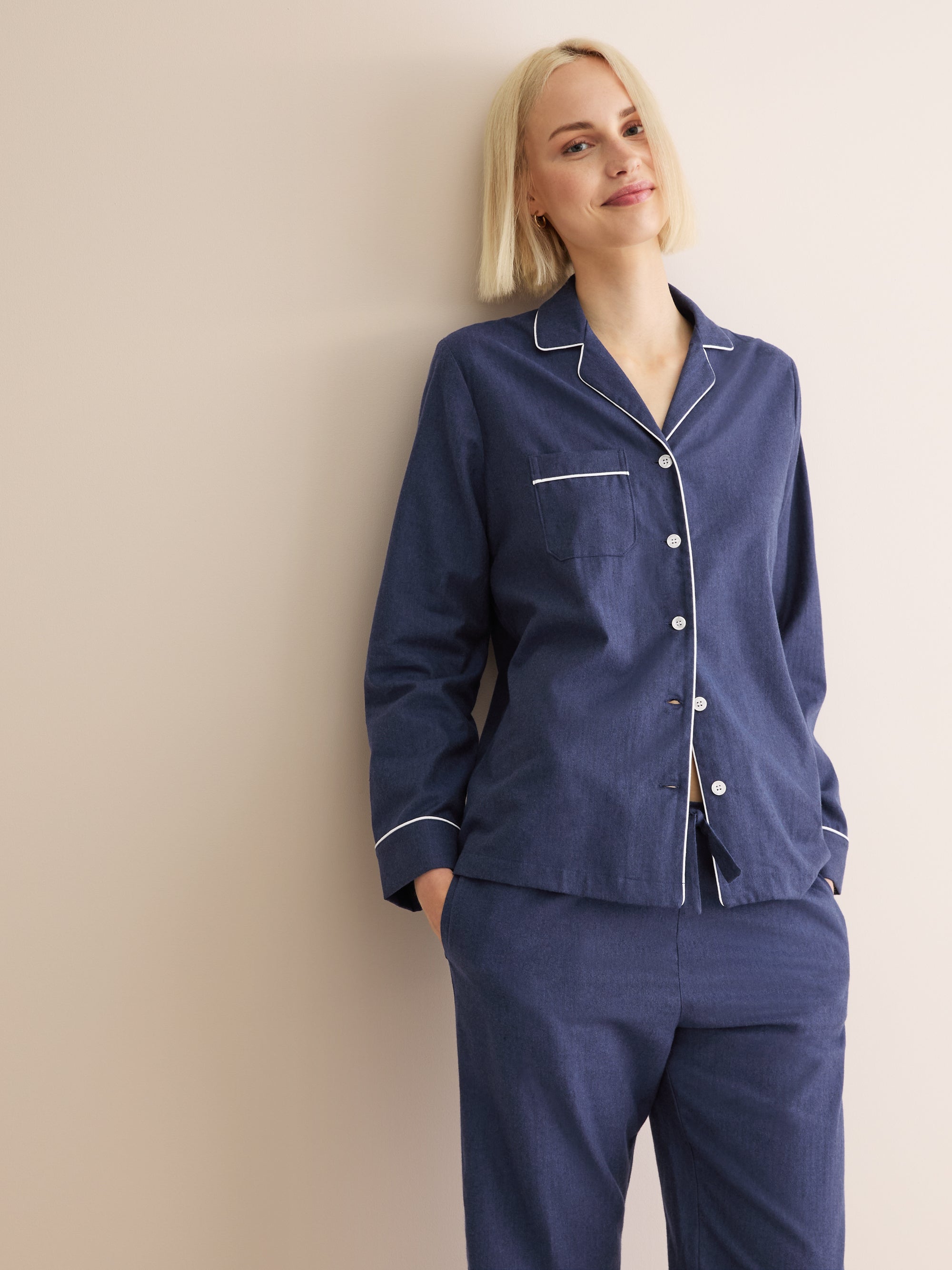 Derek Rose London Balmoral Brushed Cotton Pyjamas Navy Blue Herringbone