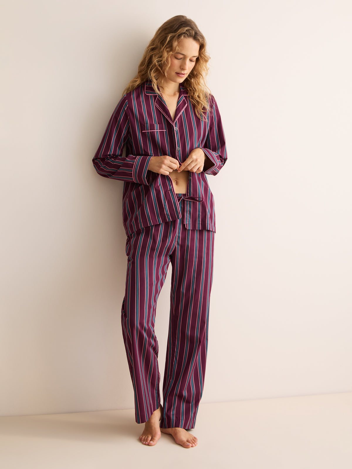 Capri Cotton Batiste Pajamas Wine & Teal Stripe