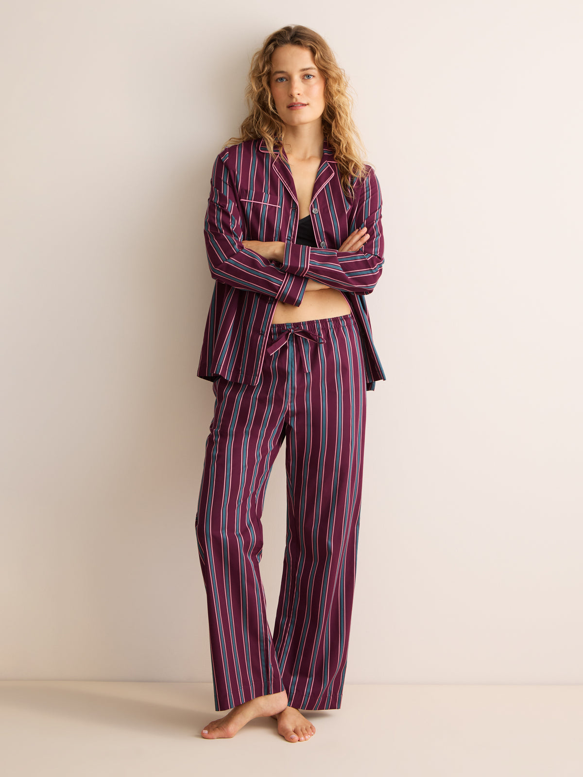 Capri Cotton Batiste Pajamas Wine & Teal Stripe
