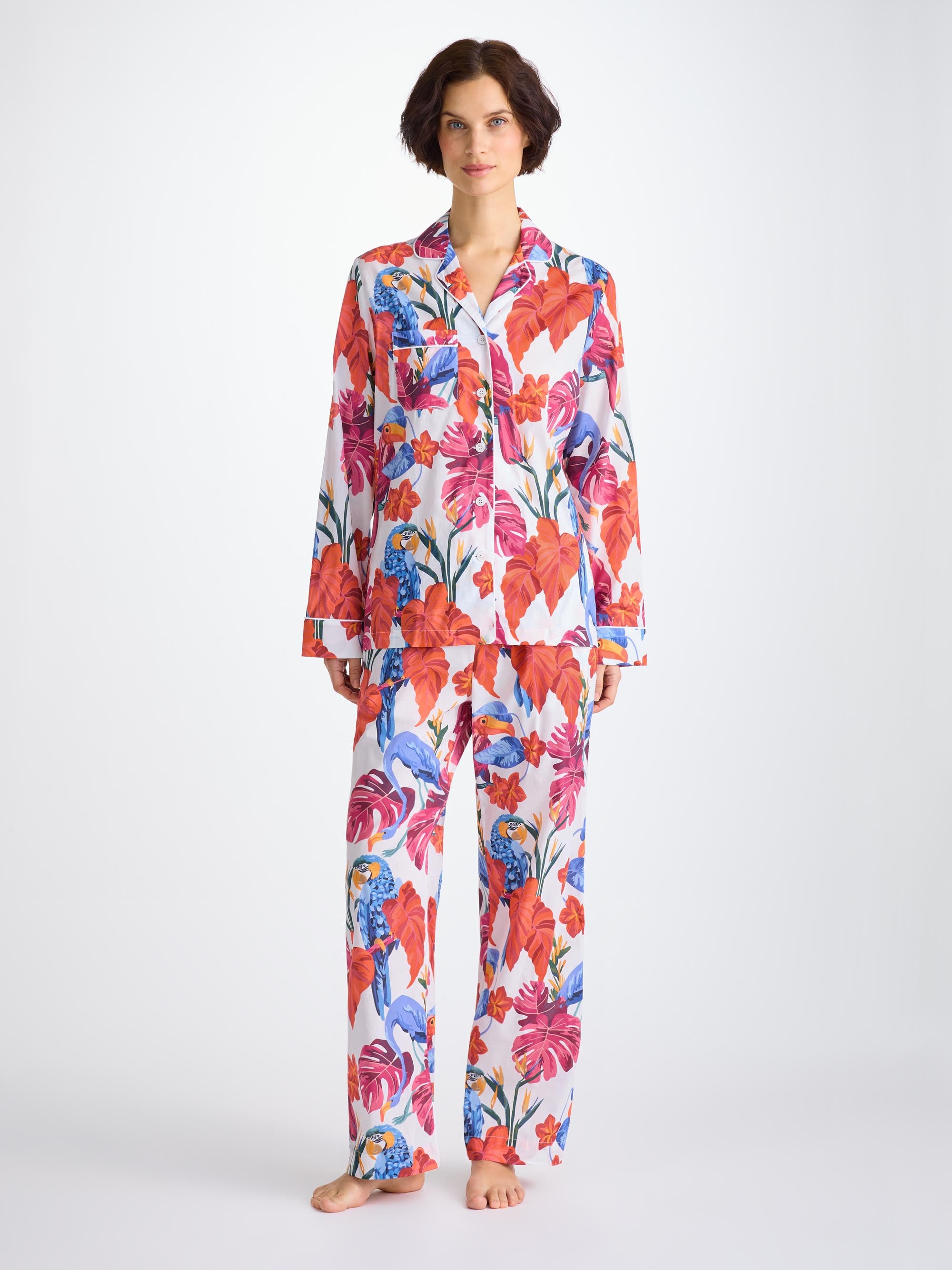 Women's Pyjamas Cotton Batiste White Jungle Birds Print