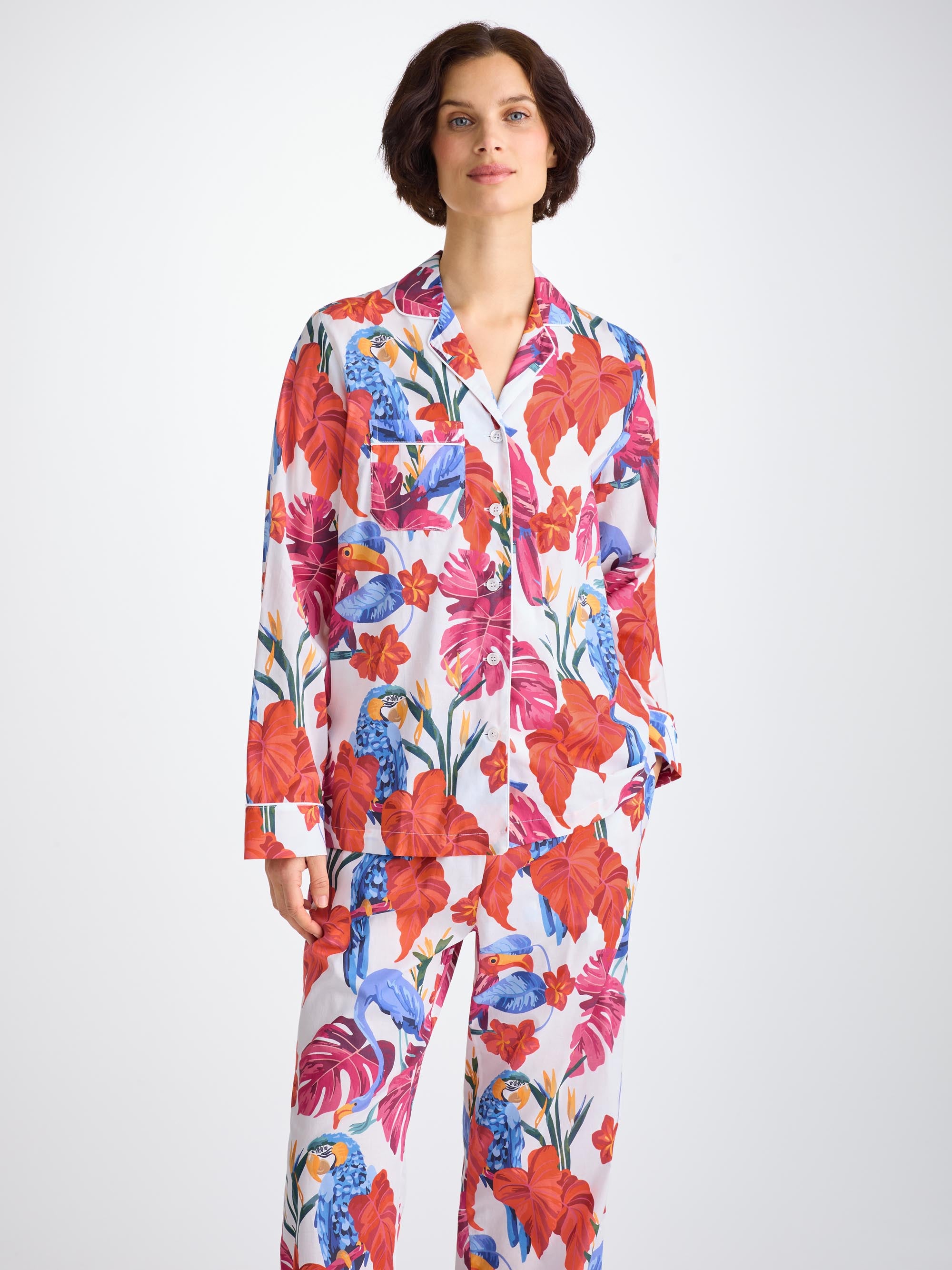 Women's Pyjamas Cotton Batiste White Jungle Birds Print