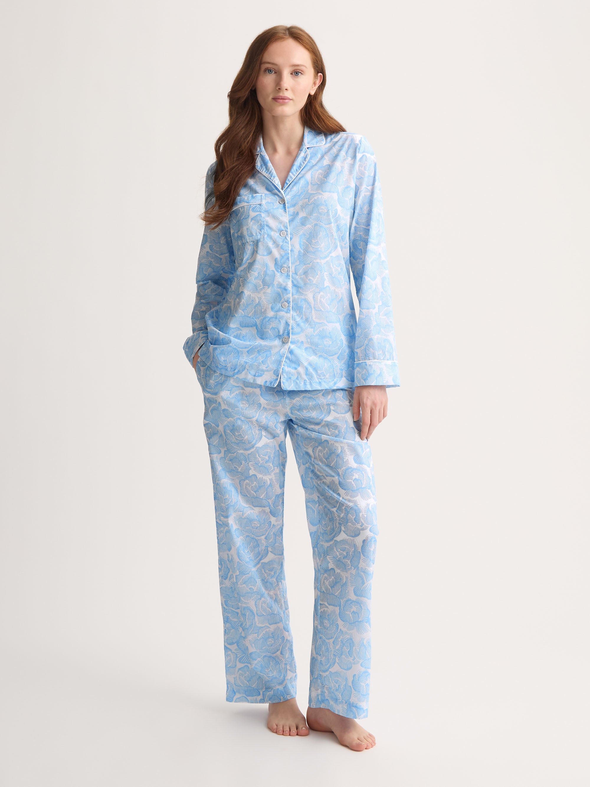 Women's Pyjamas Cotton Batiste Light Blue & White Rose Print