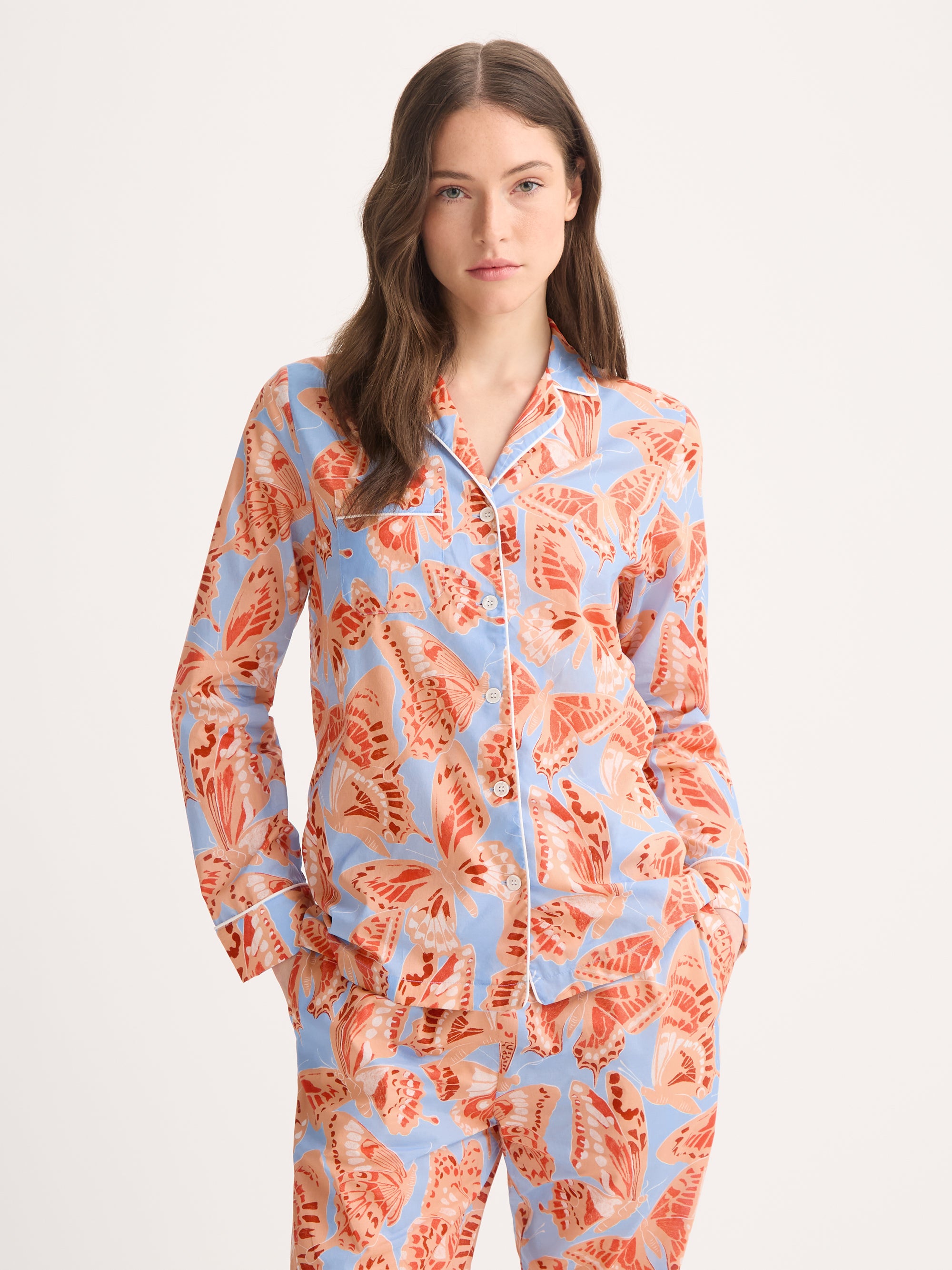Women's Pyjamas Cotton Batiste Light Blue & Peach Butterfly Print