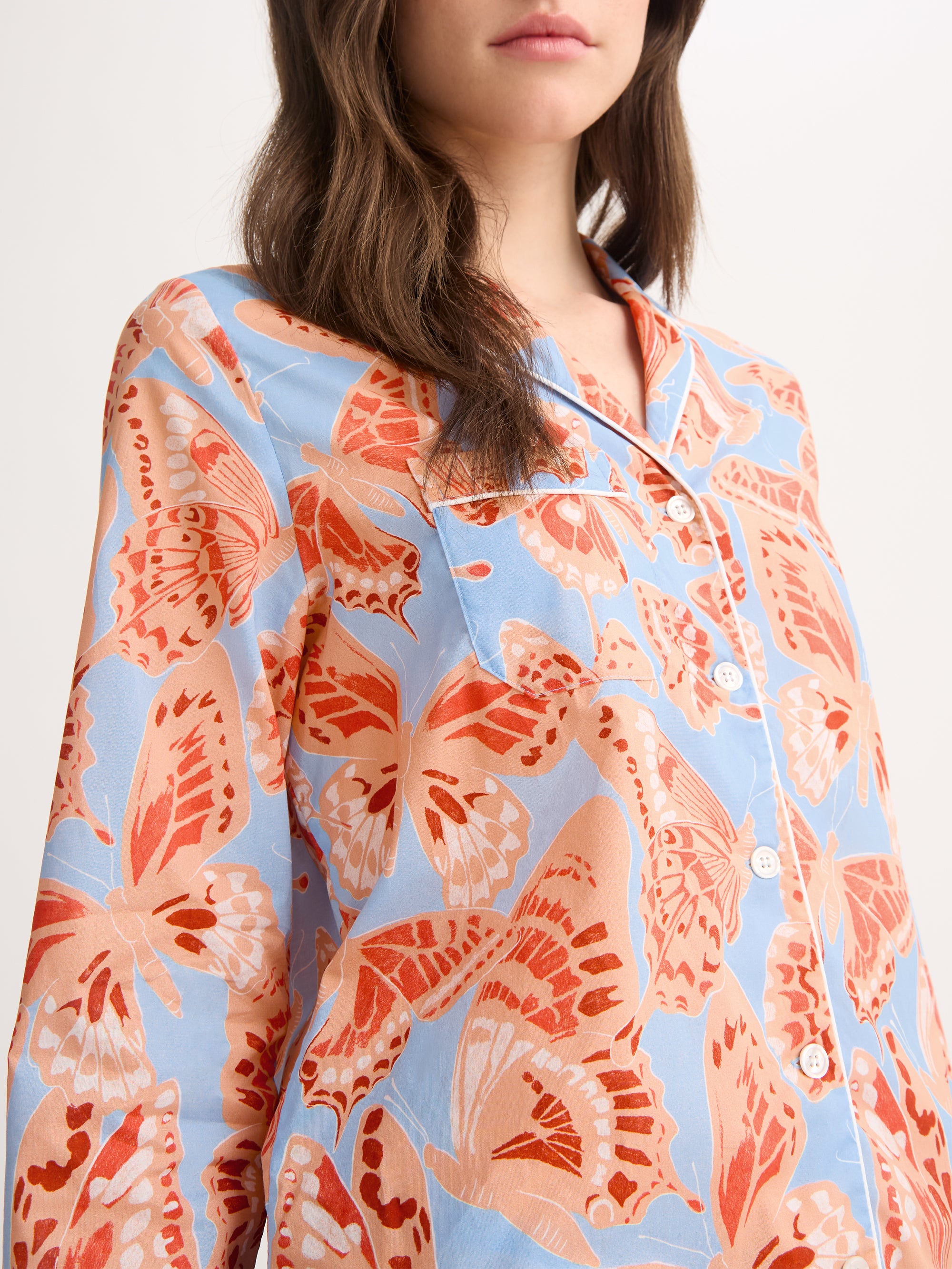 Women's Pyjamas Cotton Batiste Light Blue & Peach Butterfly Print