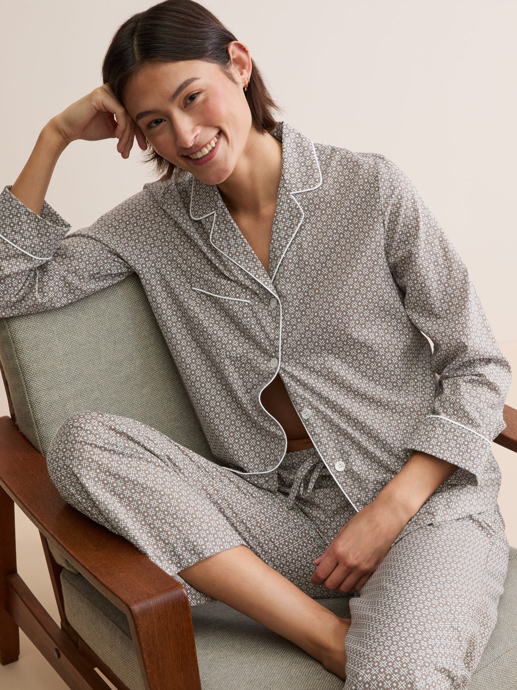 Ledbury Cotton Batiste Pyjamas Taupe London Geo Cross