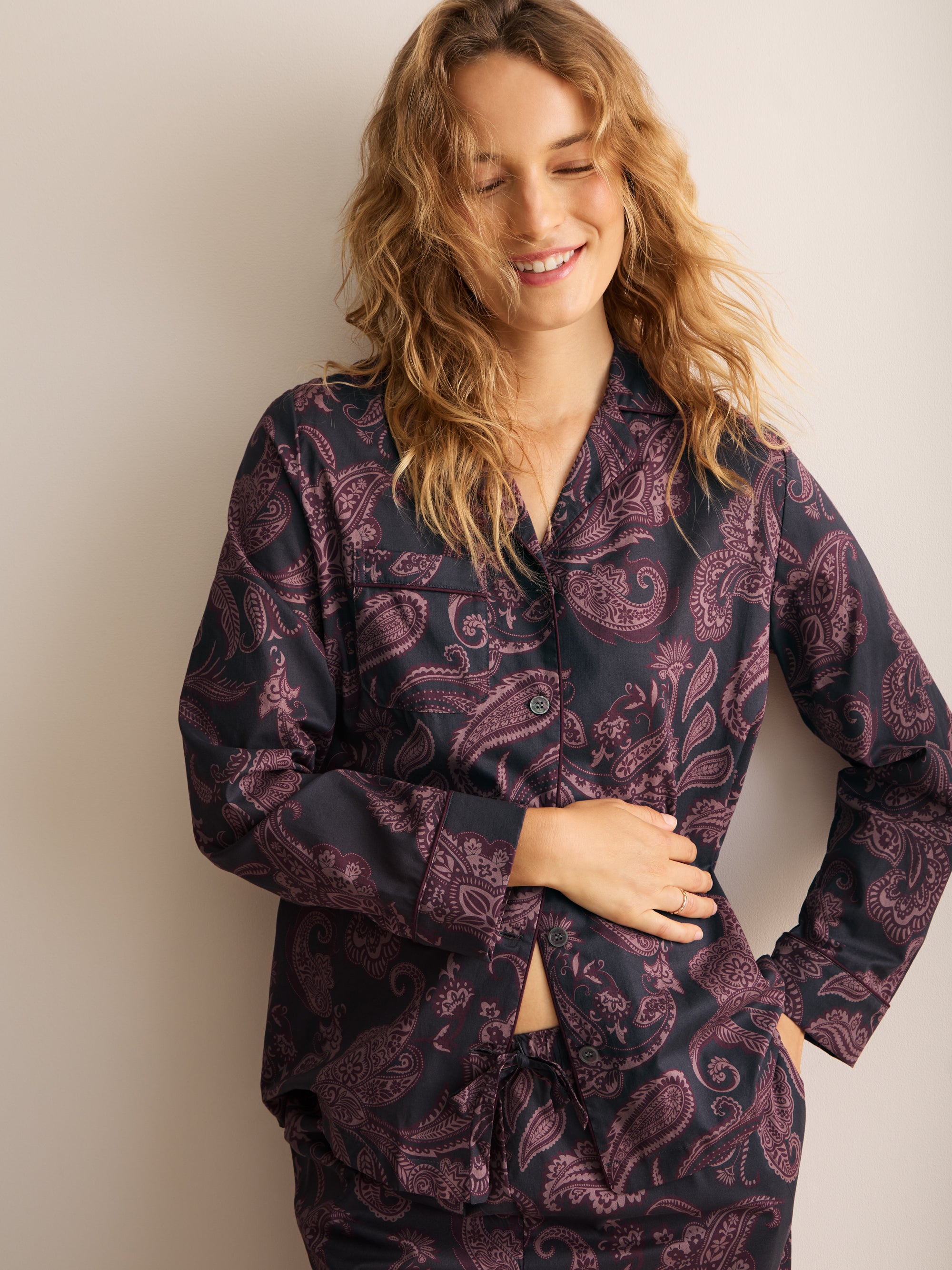 Ledbury Cotton Batiste Pajamas Night Gray & Wine Paisley