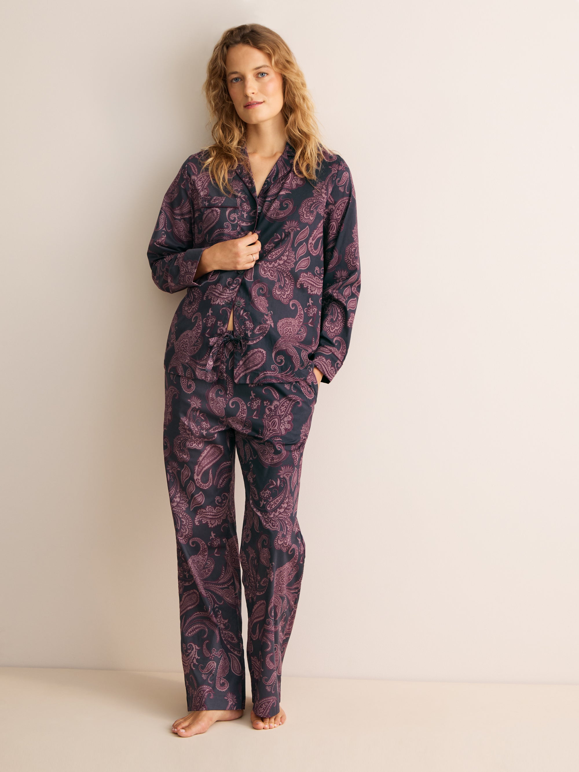 Ledbury Cotton Batiste Pajamas Night Gray & Wine Paisley