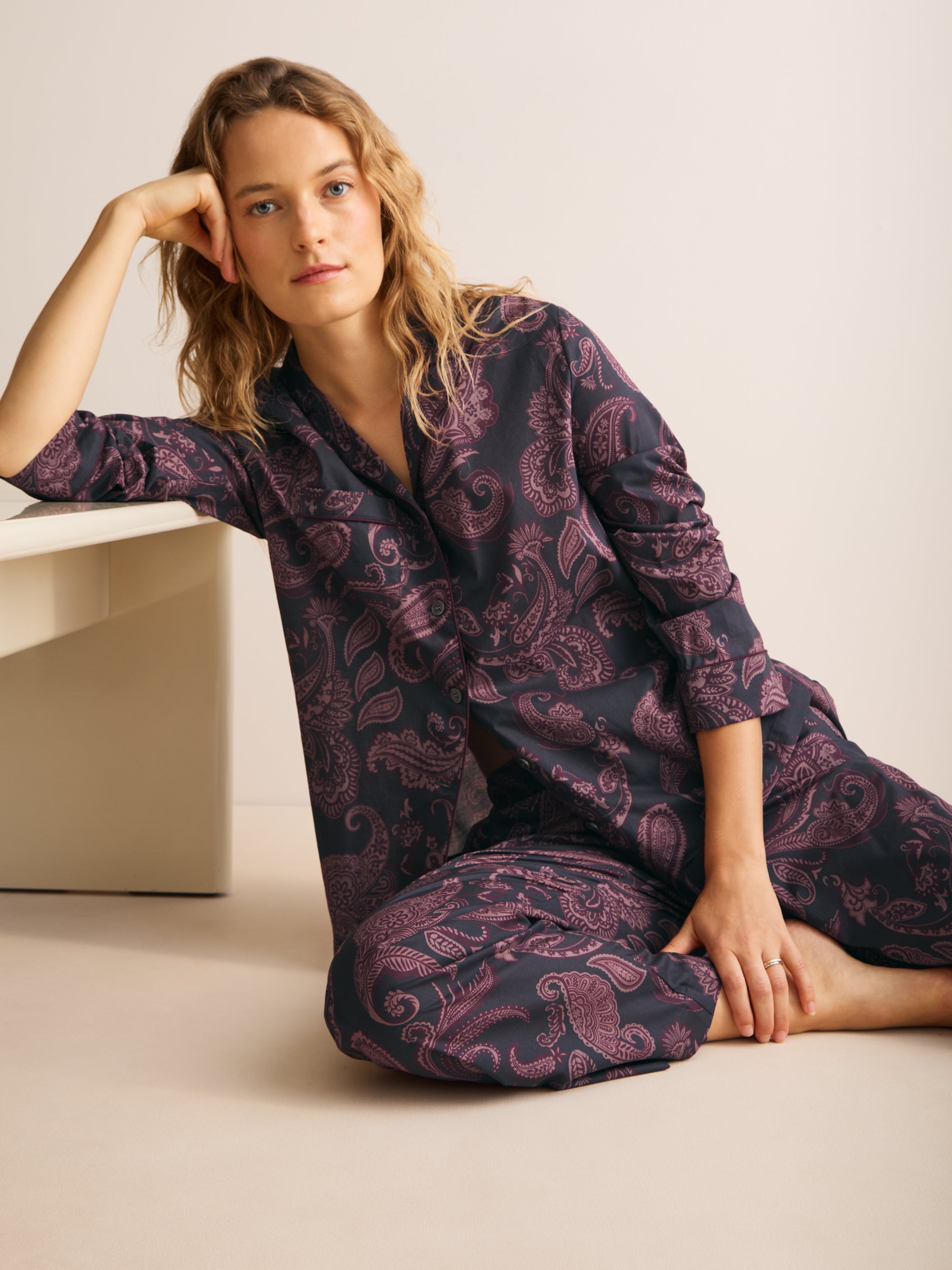 Ledbury Cotton Batiste Pajamas Night Gray & Wine Paisley