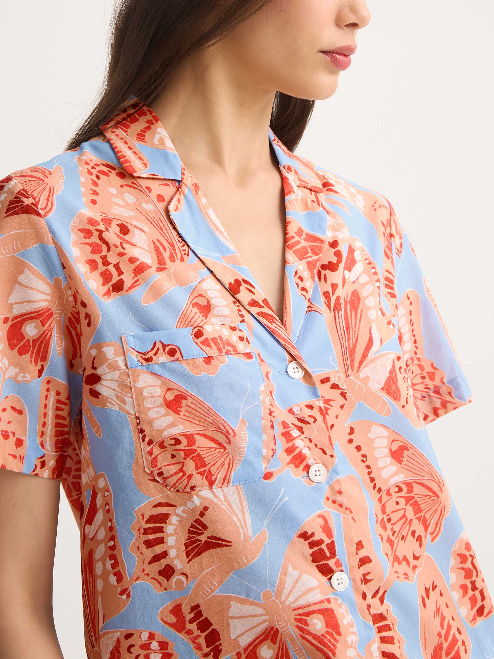 Women's Short Pyjamas Cotton Batiste Light Blue & Peach Butterfly Print