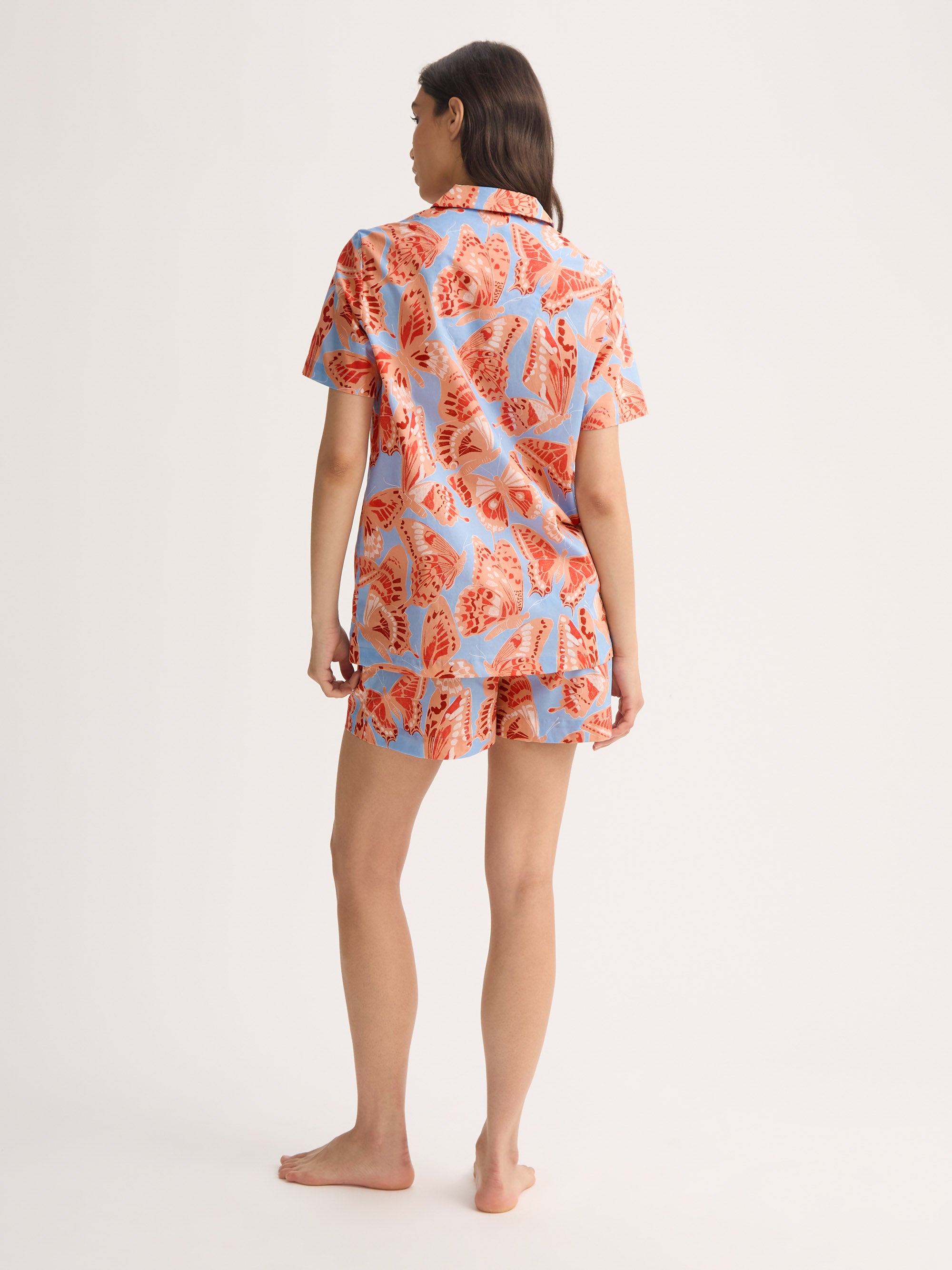 Women's Short Pyjamas Cotton Batiste Light Blue & Peach Butterfly Print