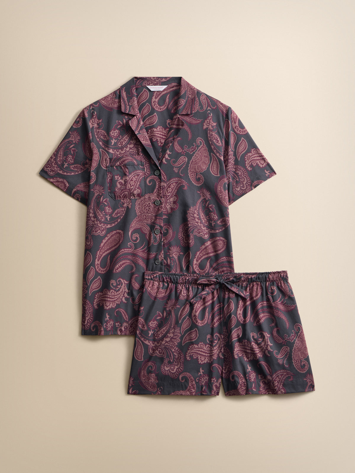 Ledbury Cotton Batiste Short Pajamas Night Gray & Wine Paisley