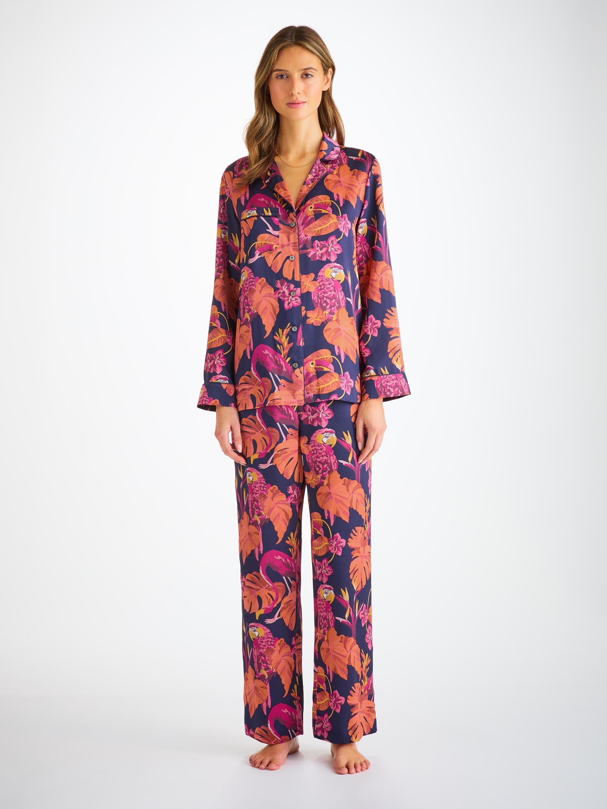 Women's Pyjamas Silk Satin Navy Jungle Birds Pattern