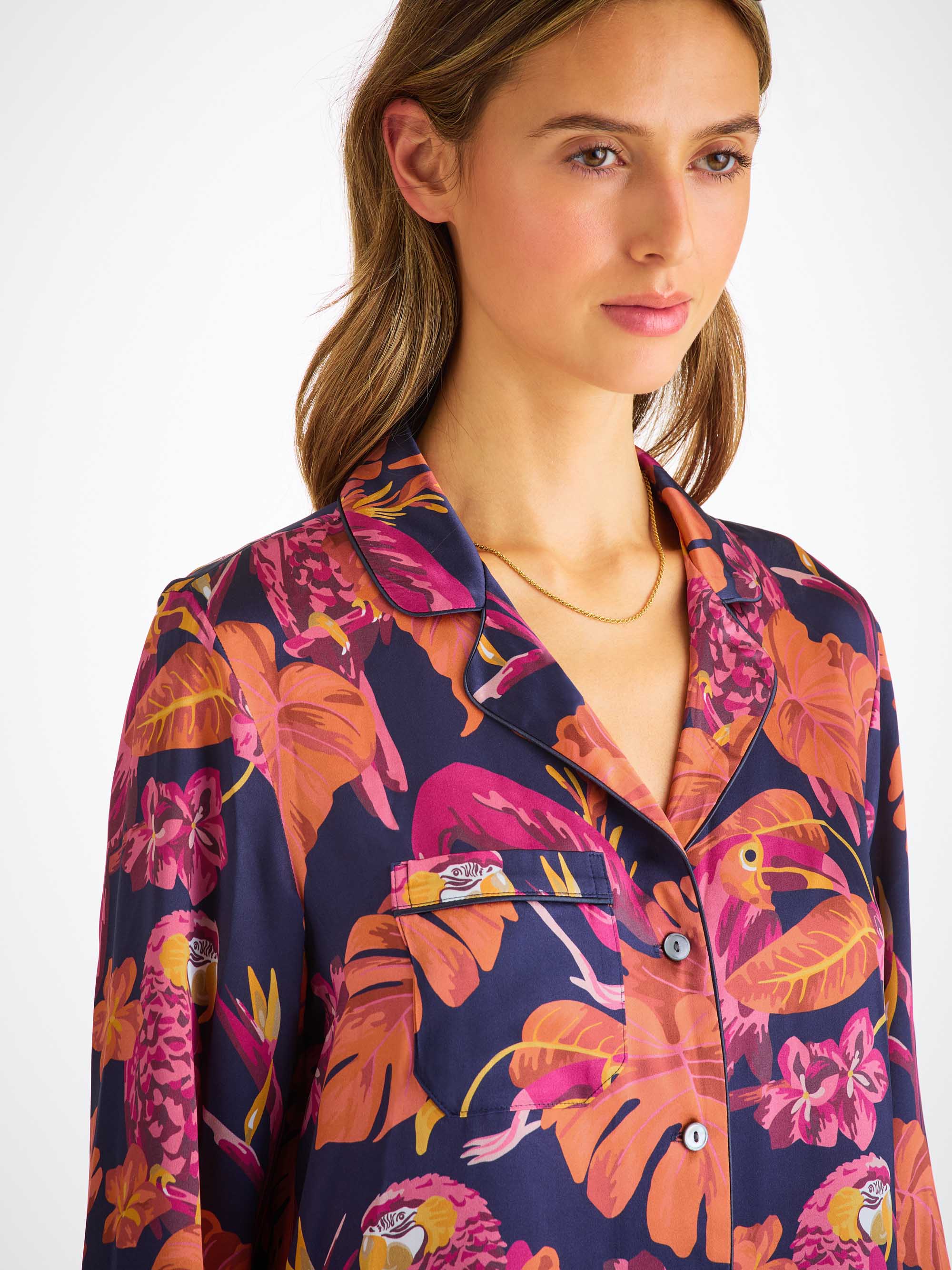 Women's Pyjamas Silk Satin Navy Jungle Birds Pattern