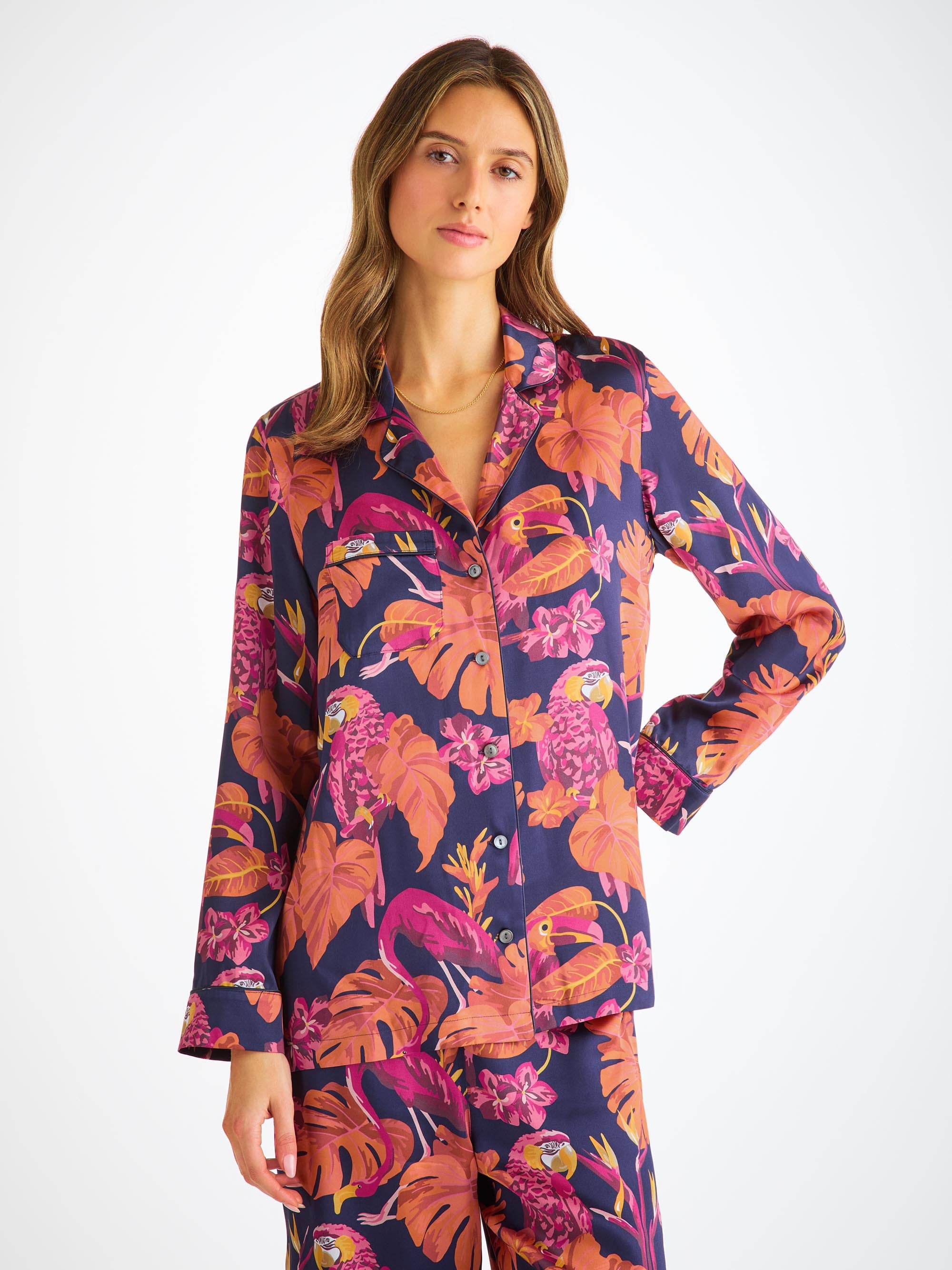 Women's Pyjamas Silk Satin Navy Jungle Birds Pattern
