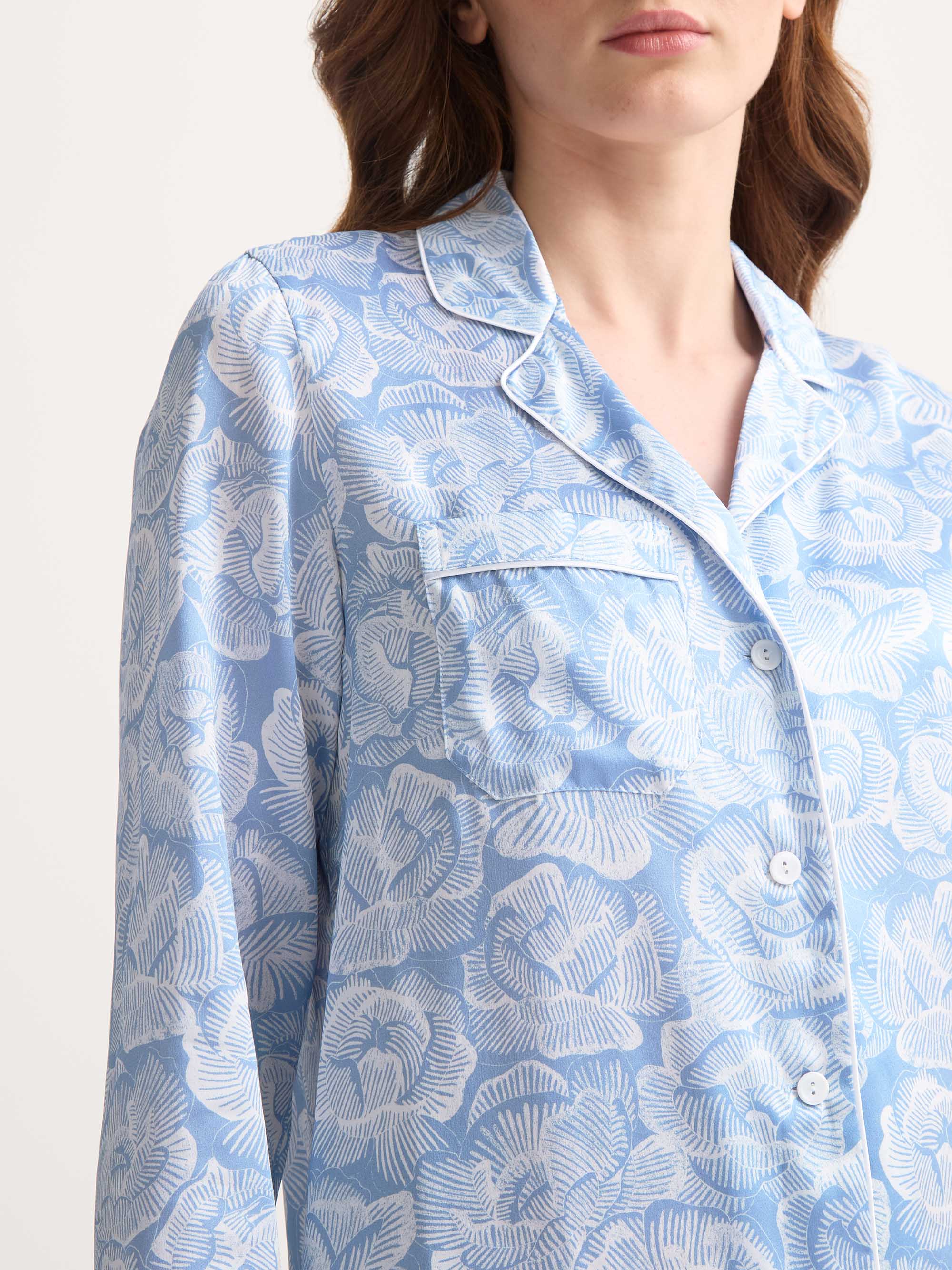 Women's Silk Pyjamas Light Blue & White Rose Print