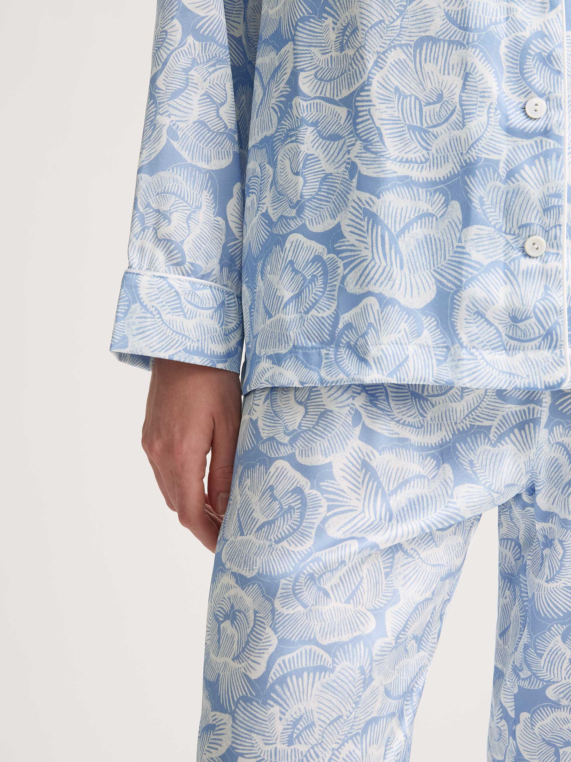 Women's Silk Pyjamas Light Blue & White Rose Print