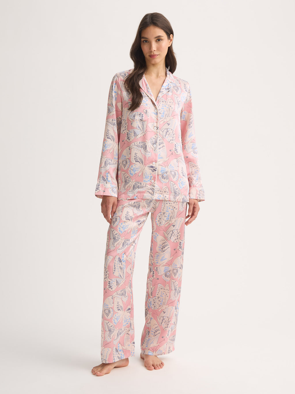 Women's Silk Pajamas Pink Multicolor Butterfly Print