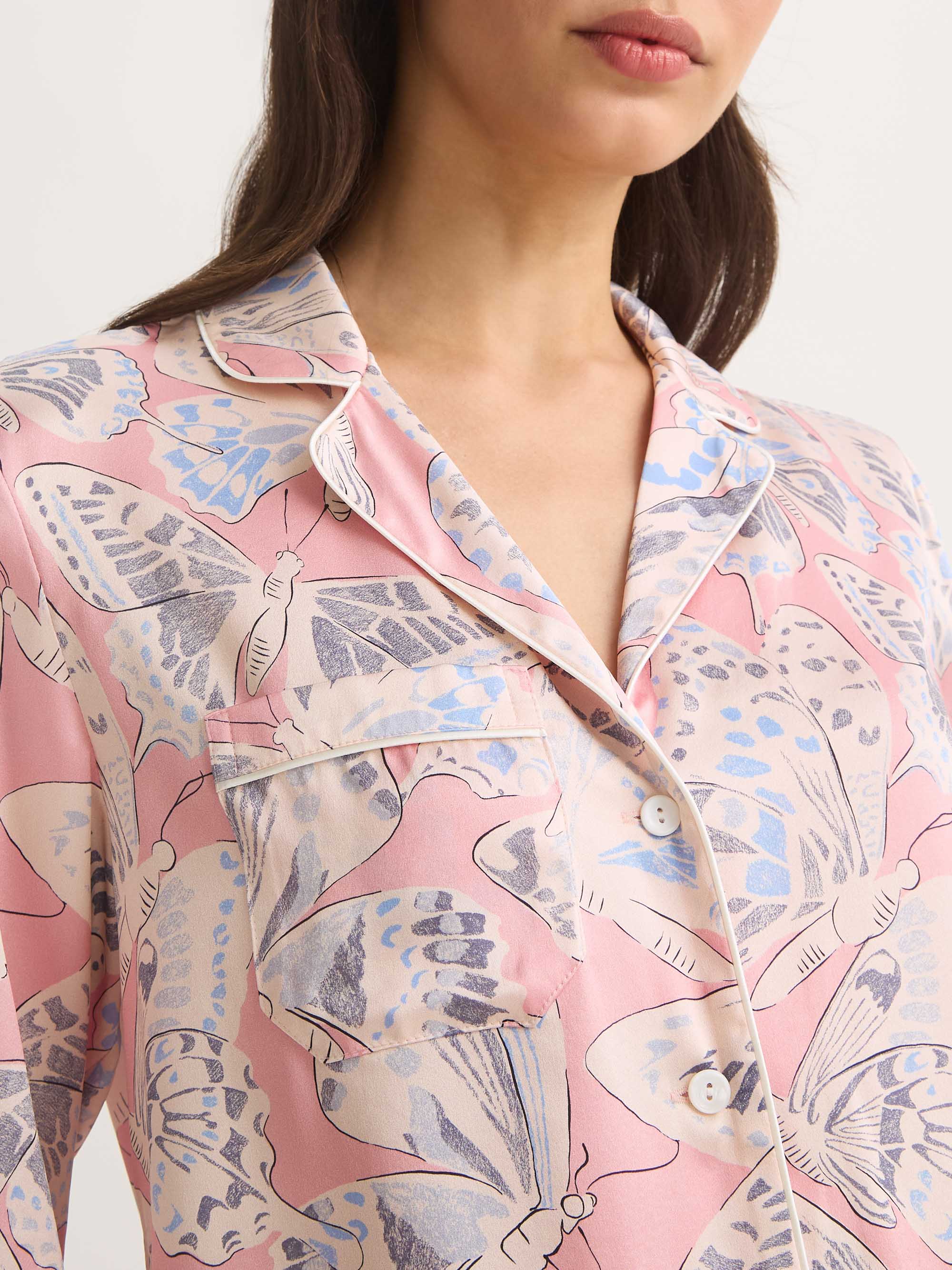 Women's Silk Pyjamas Pink Multicolour Butterfly Print