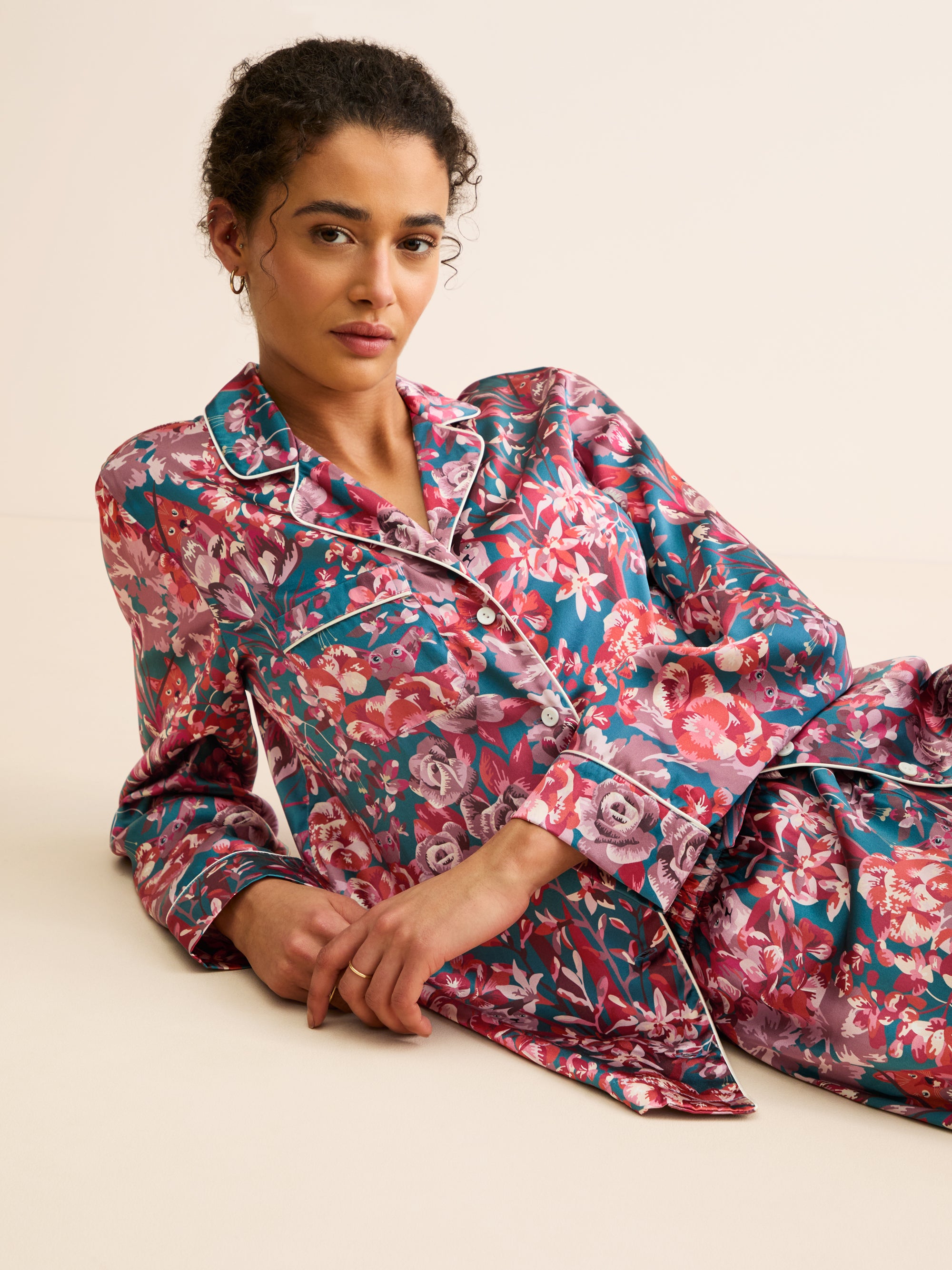 Women's Silk Pyjamas London Garden Multi Teal