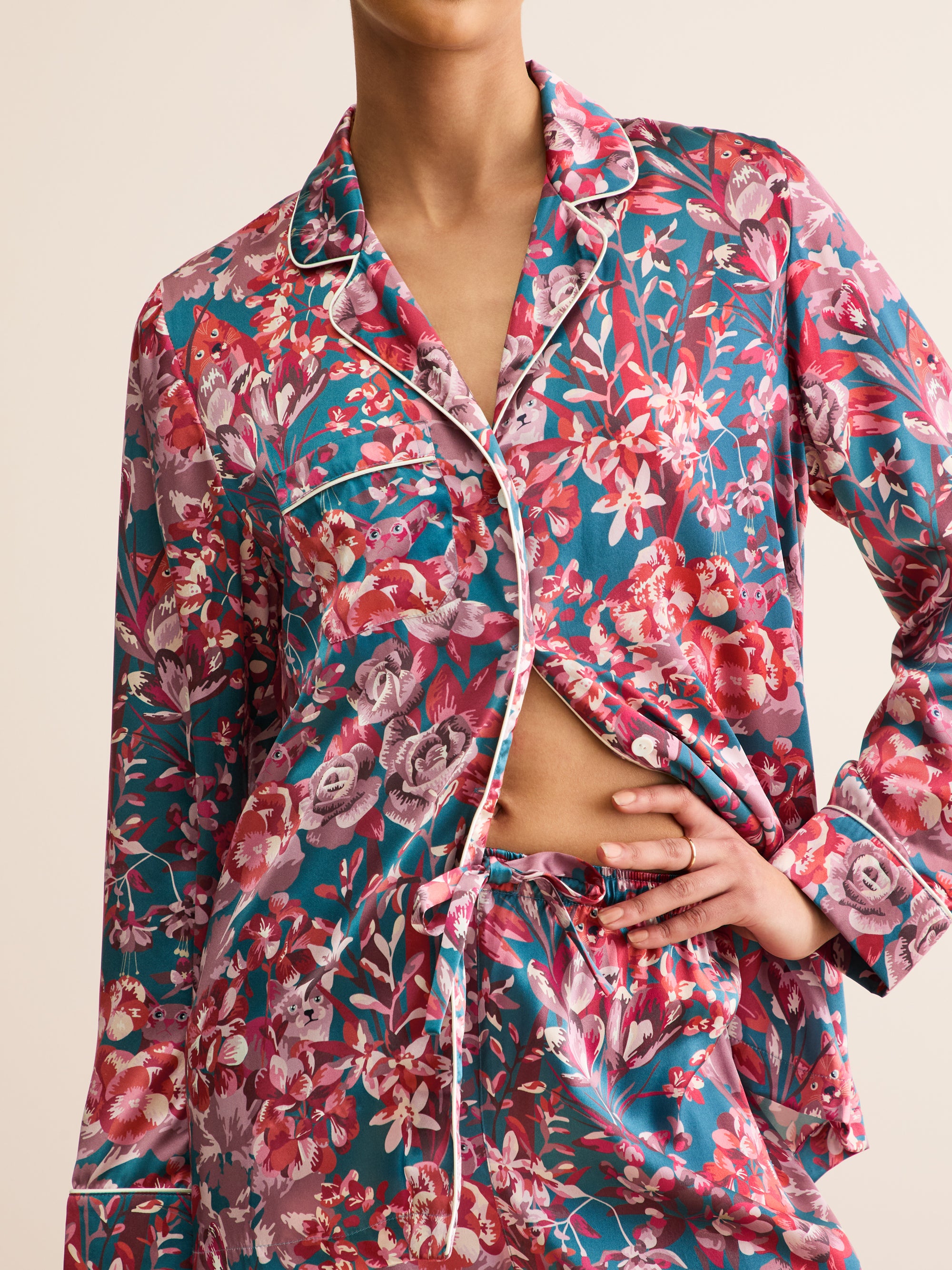 Women's Silk Pyjamas London Garden Multi Teal